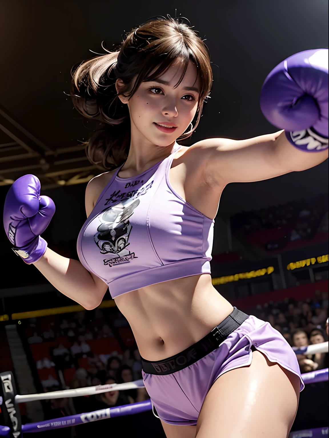 (Masterpiece:1.3), (Best Quality:1.2), (Intricate Detailed:1.2), (Hyper Realistic:1.2), (Professional Photography:1.1), High Detail, Illustration,..., Scenery, Detailed Background, Blur background, Spotlight, Incredibly realistic and beautiful images of a girl in a purple tank top......................, purple shorts, normal breasts, Black and white tattoo with a star on the body, Black twin tail hairstyle, Special star tattoo on women's shoulders, With the highest quality of detail and shading........ .........,,Natural light,The backdrop is a boxing ring...................,Sacks,Fighting gloves, smile sneaky., Doing an uppercut punch....,Dynamic poses, ring, fire light, Night view, (fantasy:1.2), Looking at the audience, Dynamic angle shot,