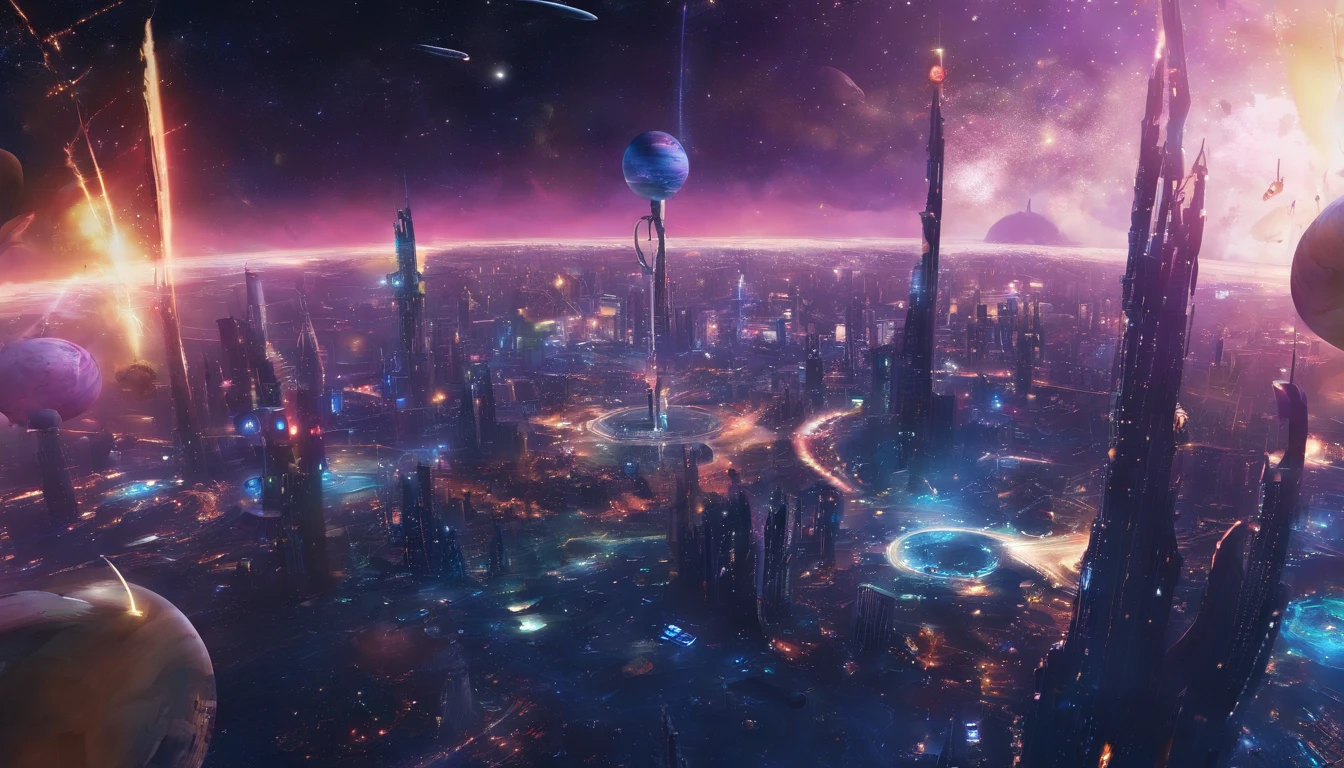 超高分辨率,, The background is blurred out,A bustling city on a suspended three-dimensional ring from the future,A lot of traffic drove to the skyline,In the daytime ,Blue skies,bird's eyes view