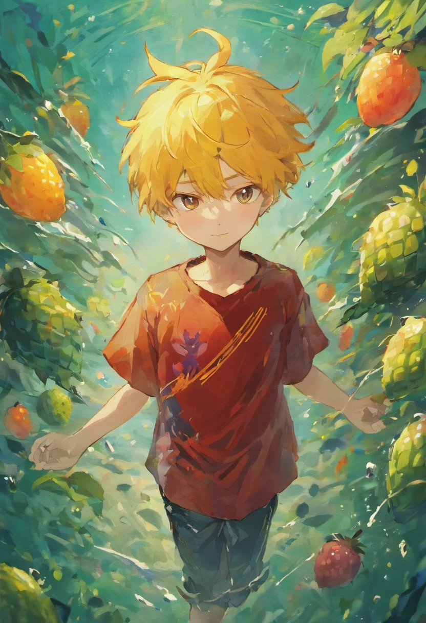Menino com um chapeu de palha com camiseta vermelha e segurado uma fruta com espinhos encima de um navio pirta no mar