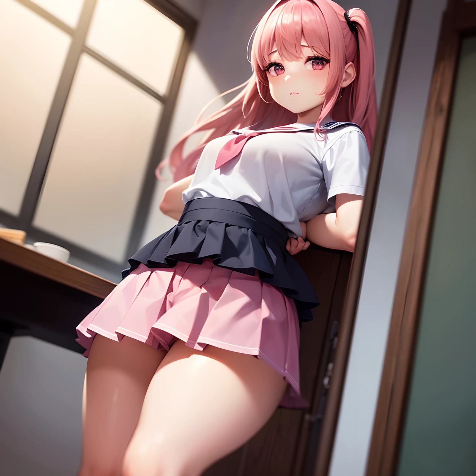 absurderes , Film Lighting,hight resolution, ultra-detailliert, (1girl in:1.3), 19，Calm，Plump body，Constricted waist，large full breasts，Big ass，de pele branca，Twin-tailed，Pink hair，White sailor suit，white knee-socks，The pleated skirt was turned up，Skirt twisting，You can see the small shorts，She has her legs wide open，She shows a big ass，Face looking at camera，Depression，Embarrassment，Pink T-back，Shamefully，Stick your butt out at the camera，エロ，school classrooms，In front of the blackboard，Leaning against the lectern，low angles，biologically correct，