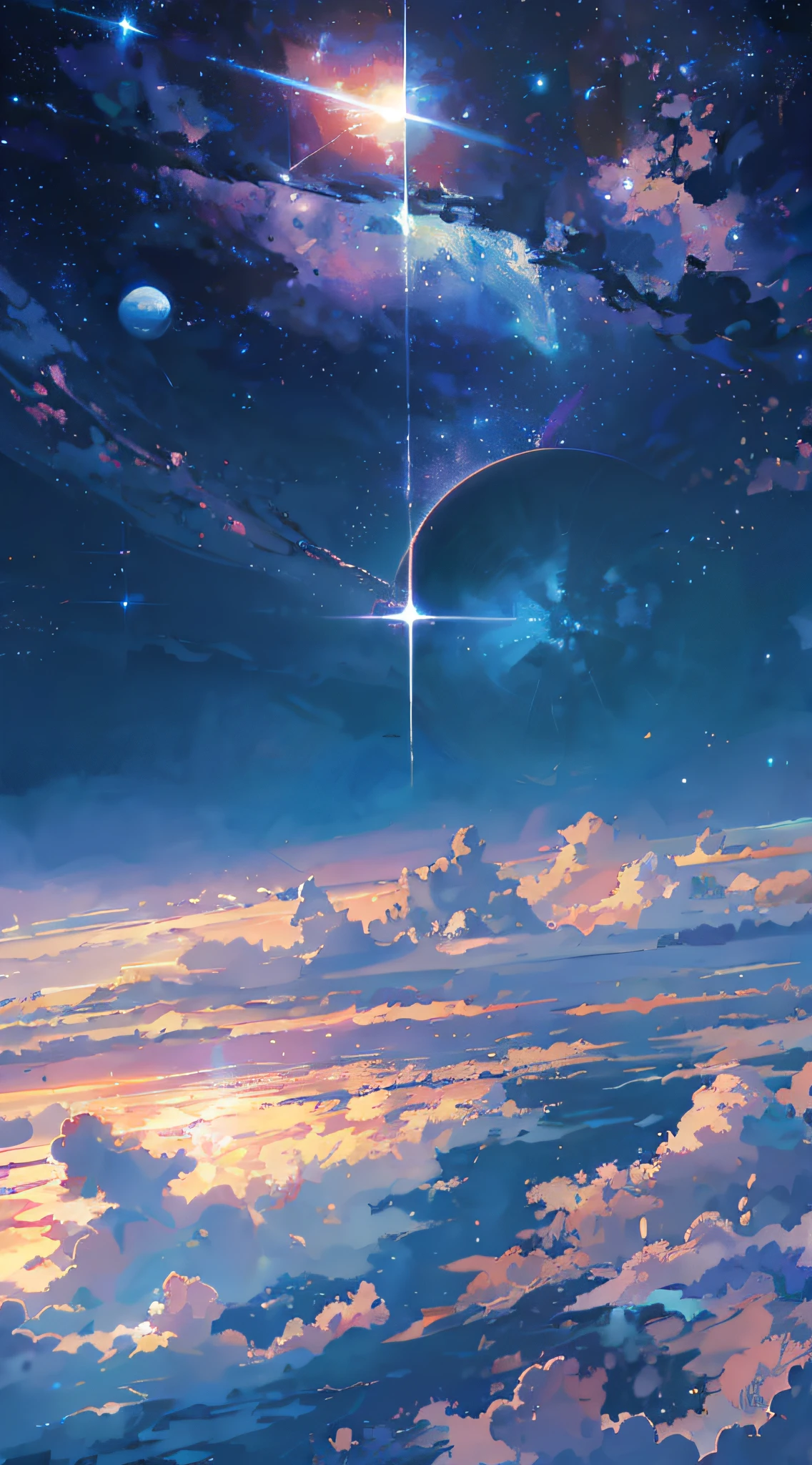 "(best quality,4k,8k,highres,masterpiece:1.2),ultra-detailed,realistic:1.37,anime,beautiful detailed sky with stars and planets,cosmic style scene of the universe sky,artwork by Makoto Shinkai,anime art wallpaper 4k,anime art wallpaper 4K,anime art wallpaper 8K,anime wallpaper 4k,anime wallpaper 4K,4k anime wallpaper,anime sky,amazing wallpaper,anime background,heavenly planets in the background,anime background art"