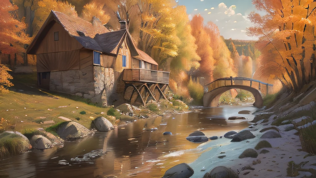 (Extremely detailed and high-quality), paysage naturel pittoresque, village, Charme rustique, Turbulent River, Cas de jour, (Un artiste en attente), (detailed scenery), (plein-air), High definition, Colorful environment, calme et serein, Lovely soft light filtering through the trees, automne.