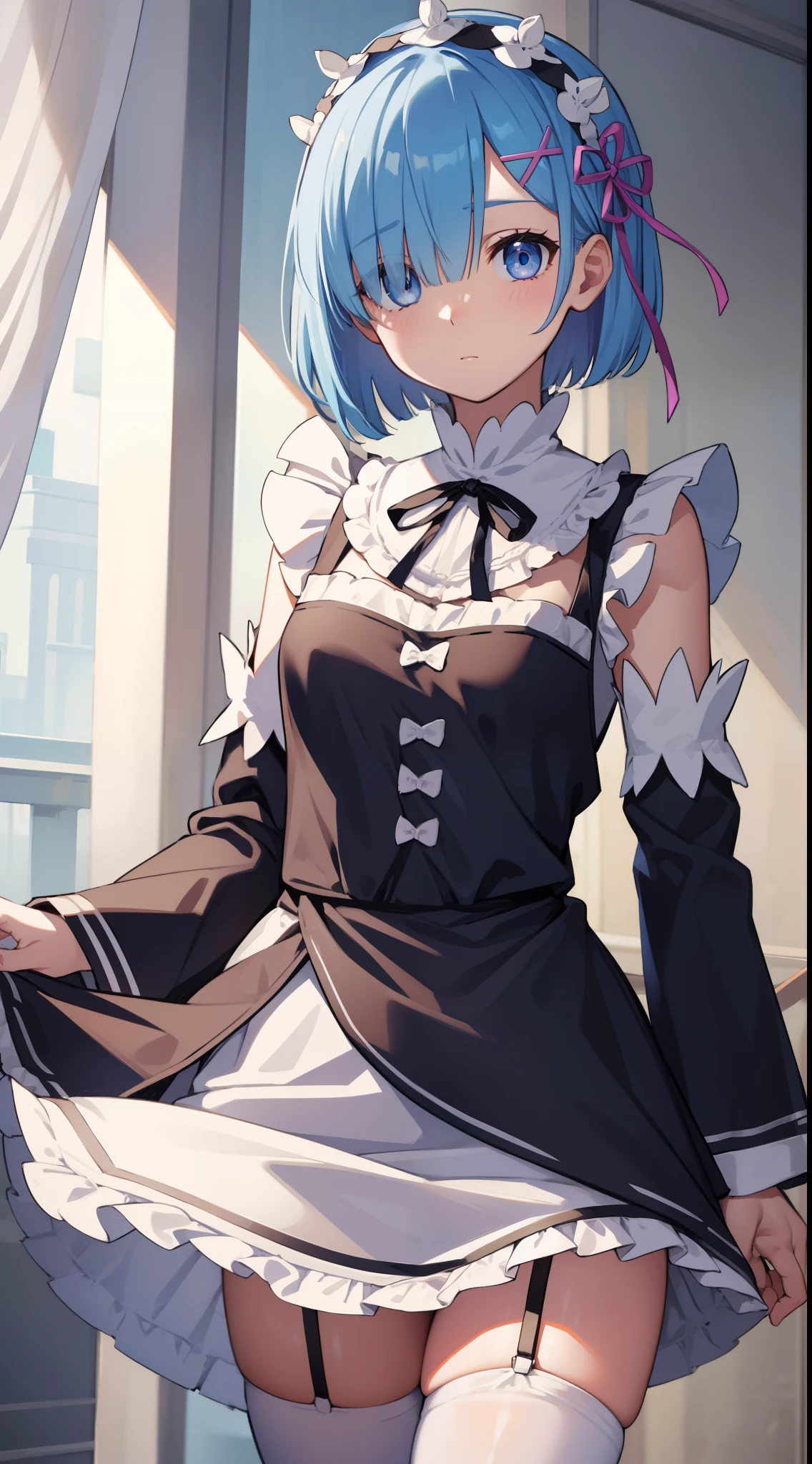 rezerorem, rem, blue eyes, blue hair, hair ornament, hair over one eye, hair ribbon, short hair, x hair ornament,
BREAK apron, black ribbon, black skirt, black sleeves, detached collar, detached sleeves, flower, frilled apron, frilled skirt, frills, head wreath, long sleeves, maid, miniskirt, neck ribbon, purple ribbon, ribbon, ribbon trim, ribbon-trimmed sleeves, roswaal mansion maid uniform, short hair, skirt, thighhighs, waist apron, white apron, white thighhighs,
BREAK outdoors, city,
BREAK looking at viewer, 
BREAK (masterpiece:1.2), best quality, high resolution, unity 8k wallpaper, (illustration:0.8), (beautiful detailed eyes:1.6), extremely detailed face, perfect lighting, extremely detailed CG, (perfect hands, perfect anatomy),