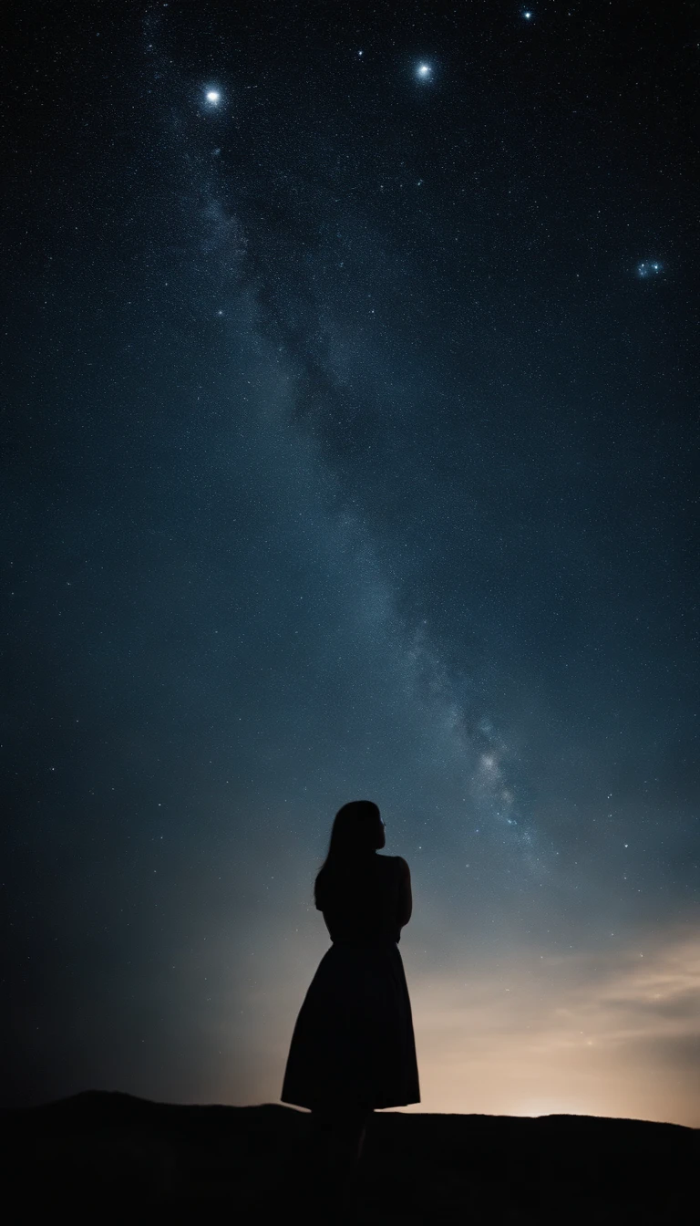 Search for the sky、estrellas、4K,The girl looking at the night sky is small and upside down、