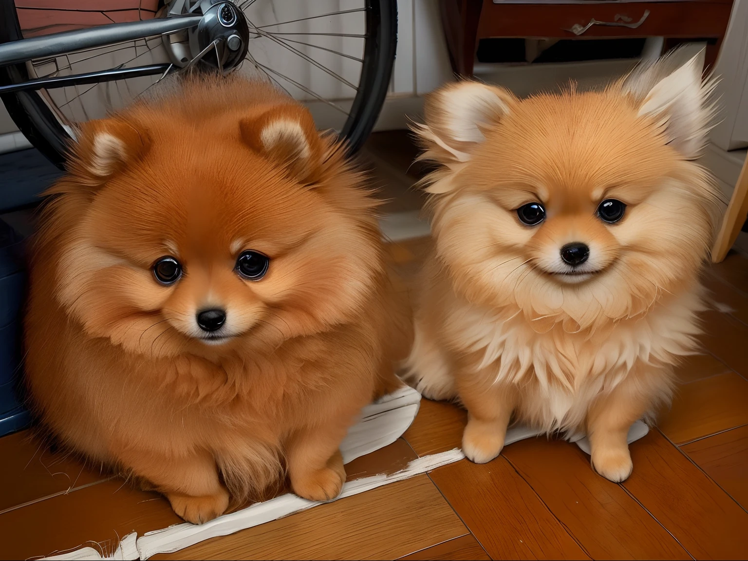 Two small Pomeranian dogs sitting on a wooden floor ,nteligente, estilo anime realista