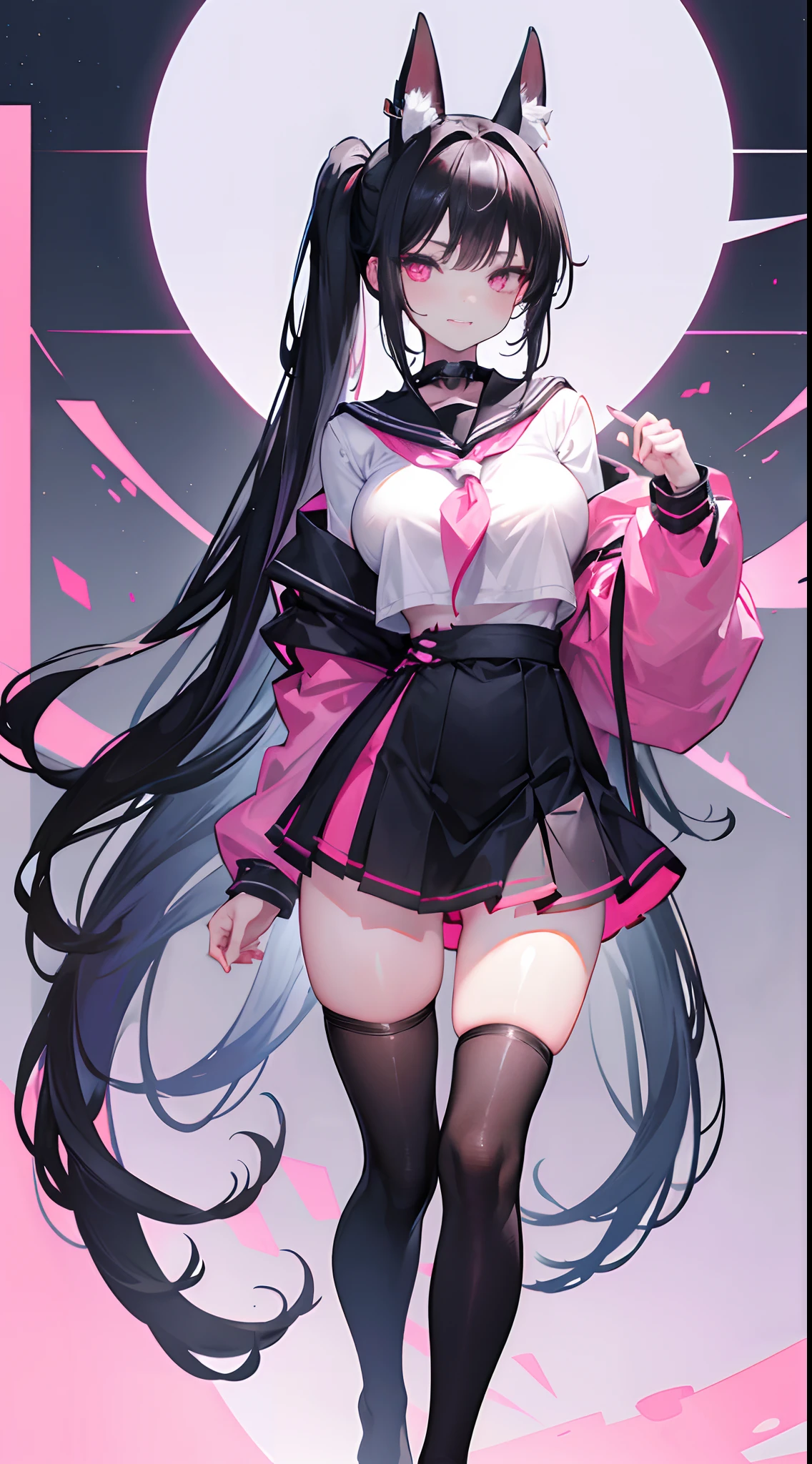 ，Long black double ponytail hair，Pink eyes，Futuristic off-the-shoulder sailor uniform school uniform dress，huge tit，of girls，black lence stockings，Standing barefoot and wearing only stockings，Hair scattered around the waist，，cheerful grin，Jumping up innocently，mid air，Beautiful backdrop setting