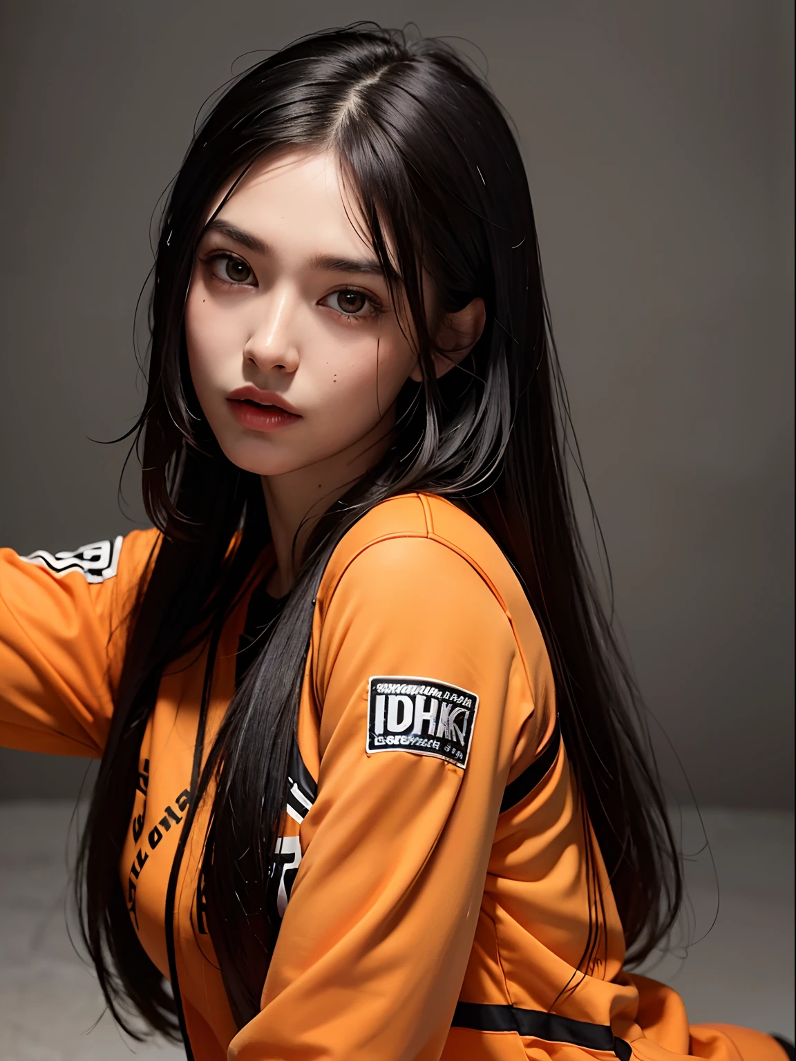 absurdities, RAW photo, Highest quality, (raw-work: 1.3), High-detail RAW color photo, Professional photo, extremely detailed 8k CG wallpaper unit, photo-realistic, realistic, RAW photo, work- premium, best quality, High Resolutions, illustration, 1girl, 18 years old, strong, Asian, Japanese, black hair with strands in the front, straight hair, medium length, Random hairstyle, Strong legs, Perfect beautiful face, cardune lips, beautiful realistic eyes, Pale skin, Detailed skin texture, Very large and natural breasts, small. athletic, strong body. Serious. Sweaty. MMA fighter, UFC fighter. Have oral sex. sucking a nipple She looks amazing. (Orange motocross jacket with green details, Biker clothing. Detailed design), UFC octagon.