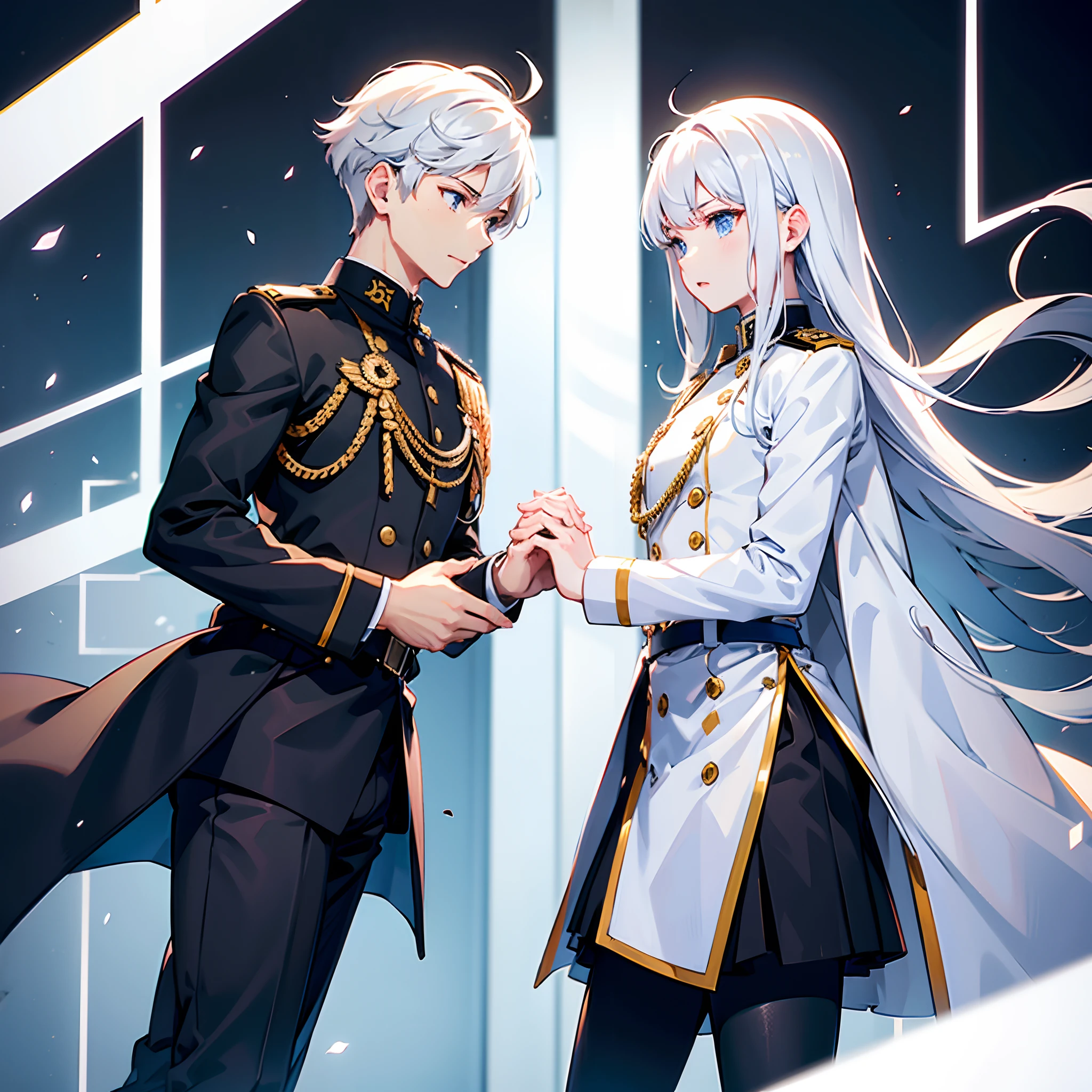 A young man in a military uniform is of moderate size,white color hair,Hold both hands empty,