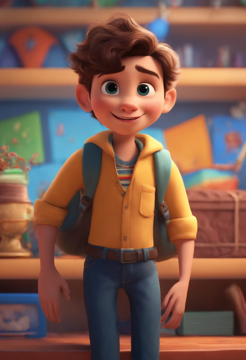 Image of a boy for a story in a YouTube video in Pixar format, He's the allabester, He's the class leader, He's outgoing, Playful and gets up for a lot of things