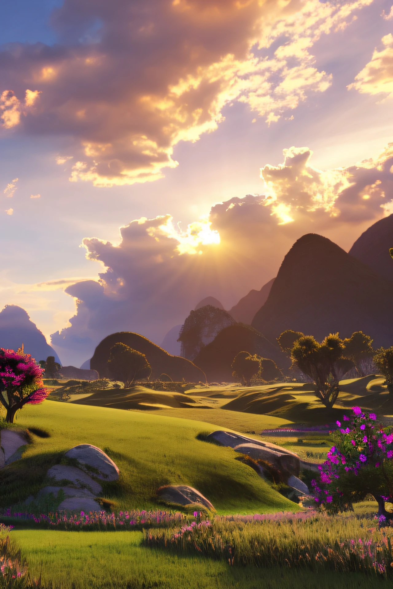 landcape, isometric, grassland, lush, trees, rivers, clouds, mountains, hills, valleys, no people, no sand, no desert, no buildings, no roads, no other detail, sunset, god rays under clouds, lens flare, flowers, oceanwarm colors.