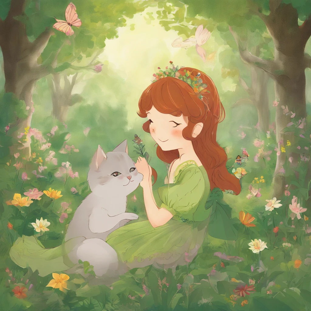 Upshot A park full of greenery Chestnut-haired girl smiling at a grey cat Fantastic and happy feeling a lot of flower The overall design is classical and the color is strong green Picture book illustrations