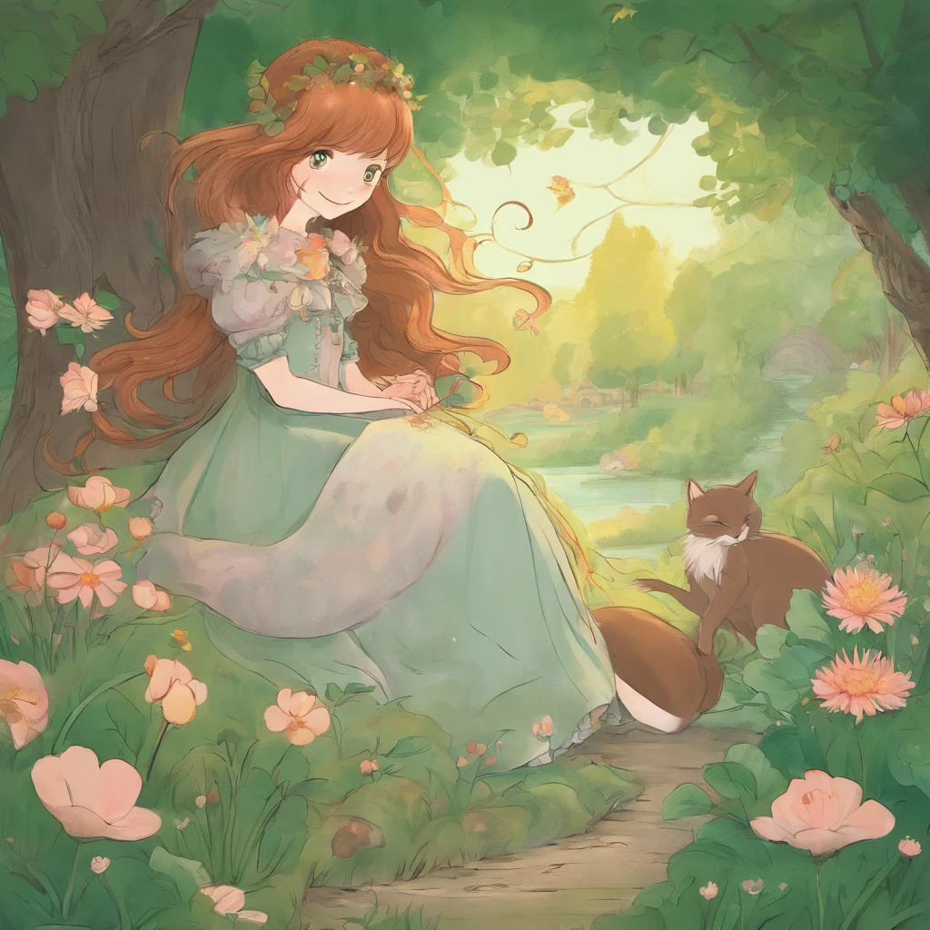 Upshot　A park full of greenery　Chestnut-haired girl smiling at a grey cat　Fantastic and happy feeling　a lot of flower　The overall design is classical and the color is strong green　Picture book illustrations