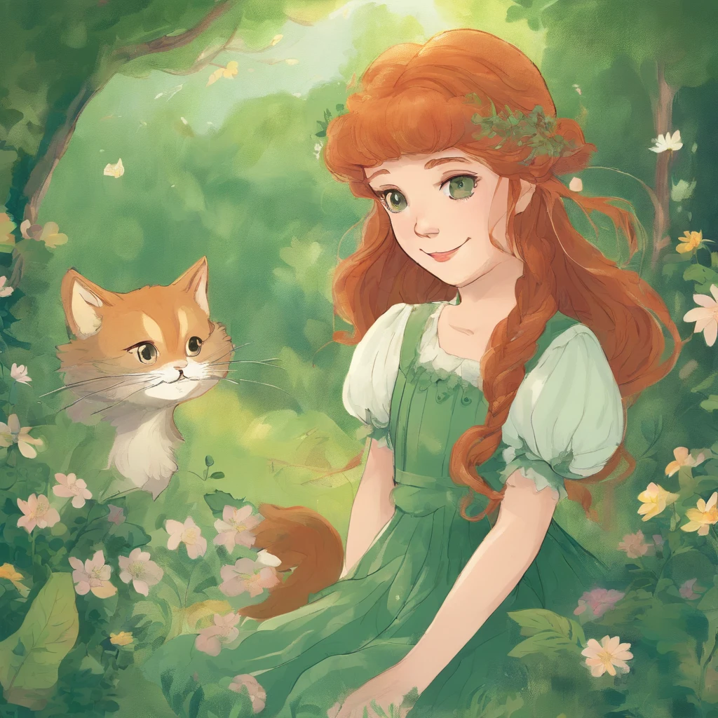 Upshot　A park full of greenery　Chestnut-haired girl smiling at a grey cat　Fantastic and happy feeling　a lot of flower　The overall design is classical and the color is strong green　Picture book illustrations