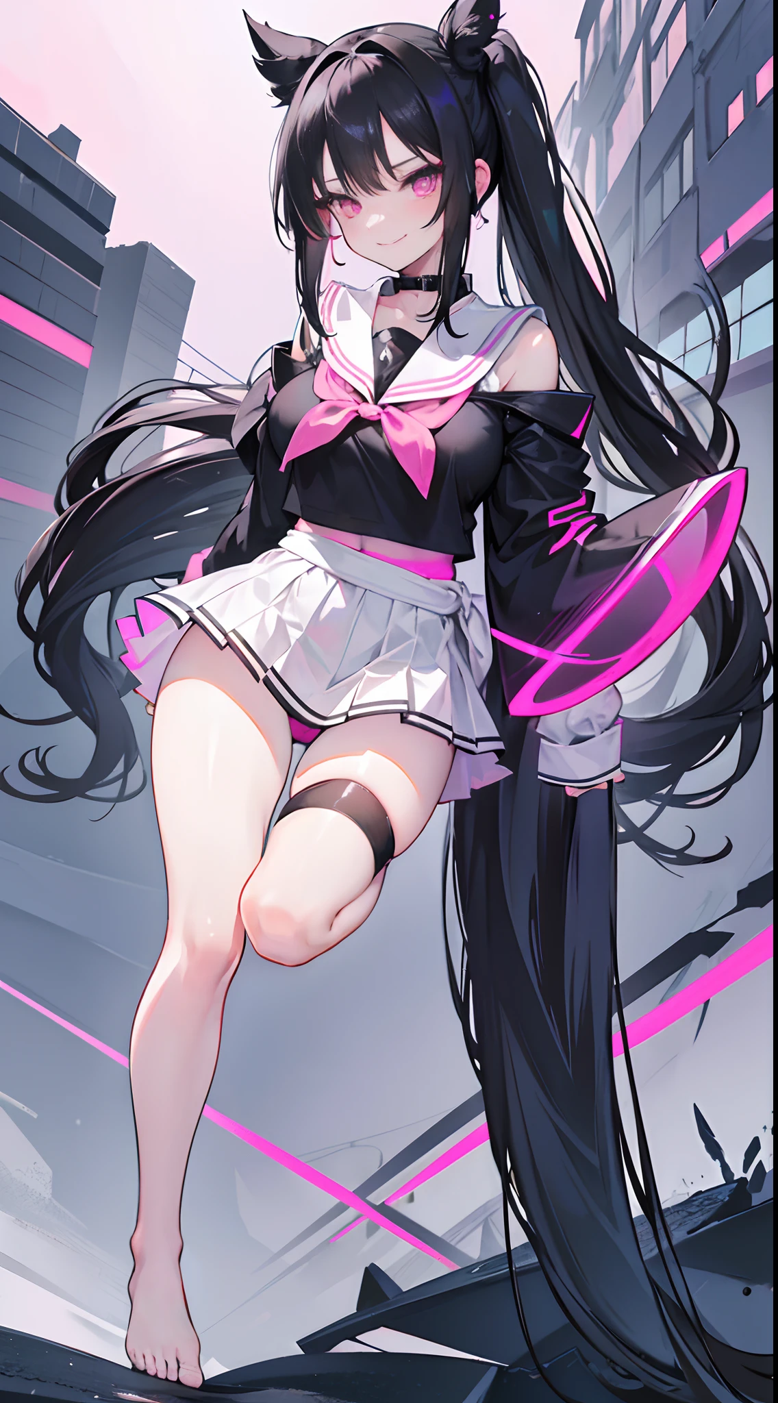 ,Long black double ponytail hair,Pink eyes,Futuristic off-the-shoulder sailor uniform school uniform dress,huge tit,of girls,black lence stockings,Standing barefoot and wearing only stockings,Hair scattered around the waist,,cheerful grin,Jumping up innocently,mid air,Beautiful backdrop setting