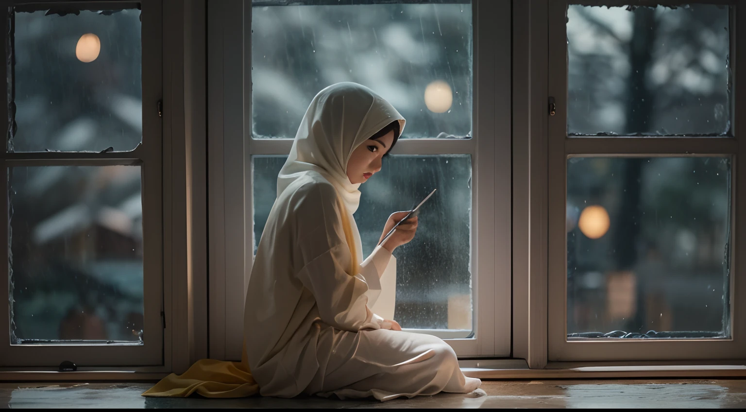 Craft a cinematic film still of a Malay girl in hijab sitting and writting in cozy window, gazing outside at the rainy outside wondow. Use soft, diffused lighting to enhance the mood of reflection and contemplation