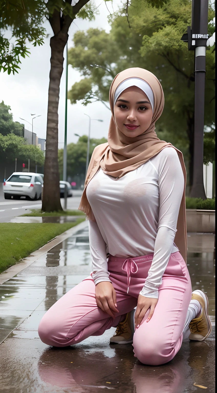 RAW, Best quality, high resolution, masterpiece: 1.3), beautiful Malay woman in hijab (iu:0.8),Best quality, high resolution, Masterpiece: 1.3, Beautiful hijabi malay girl, Masterpiece, Soft smile,Beautiful Malay women wear pastel color hijab kneeling in heavy rain , ((in street park)), bright sunshine, hiking clothes, pullover, long pants, highres,4k,HDR,1girl, photorealistic, realistic,sweat skin, wet clothes, wet body, big breast, ((full body))soaked, dripping, smiling at viewer, closeup