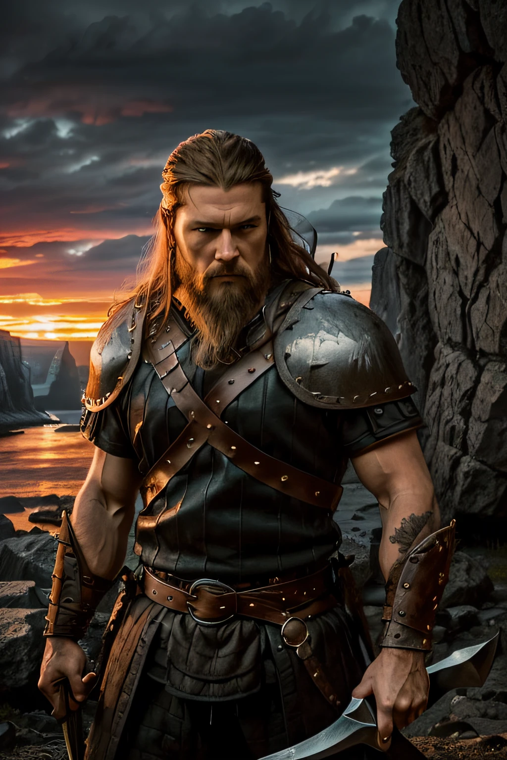(a Viking,axe in hand,rocks,contrasty lighting,sunset light,a man),(oil painting,high quality,ultra-detailed,artistic style),(dramatic,historical,adventurous,mythical),(sharp focus,vibrant colors,realistic),(Gothic architecture,battle scene,cliffside),(long hair,fierce expression,shield,leather armor)
