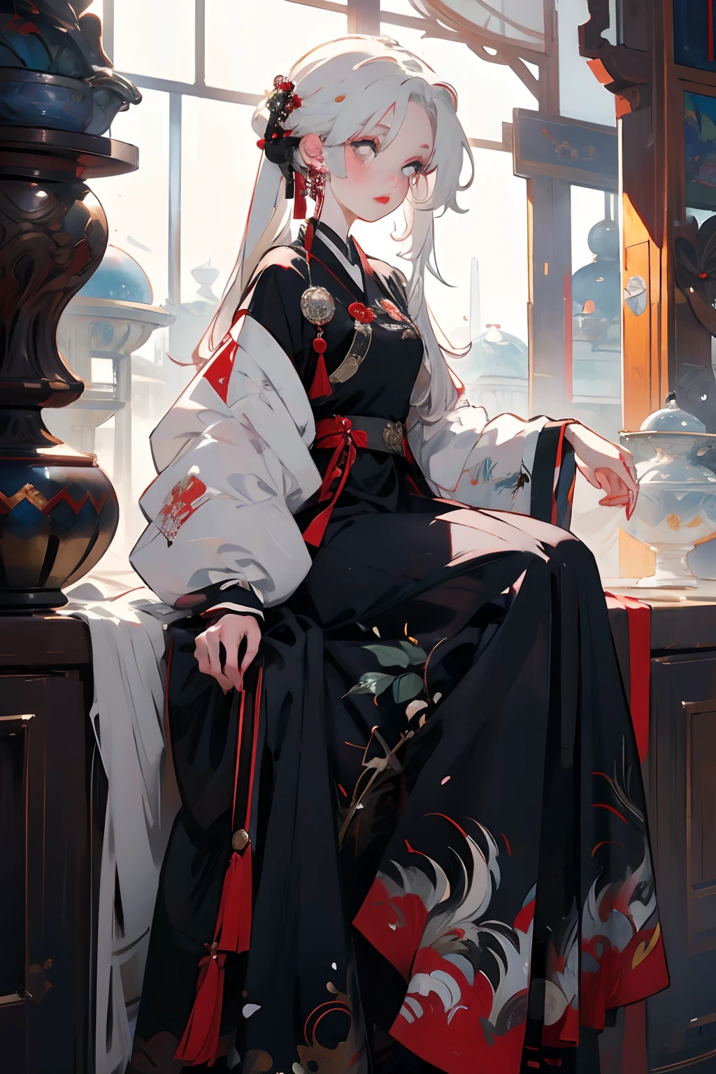 anime girl with long white hair and red and black dress, white haired deity, guweiz, white haired, white-haired, girl with white hair, guweiz on pixiv artstation, white haired lady, palace ， a girl in hanfu, guweiz on artstation pixiv, perfect white haired girl, loong, anime style 4 k