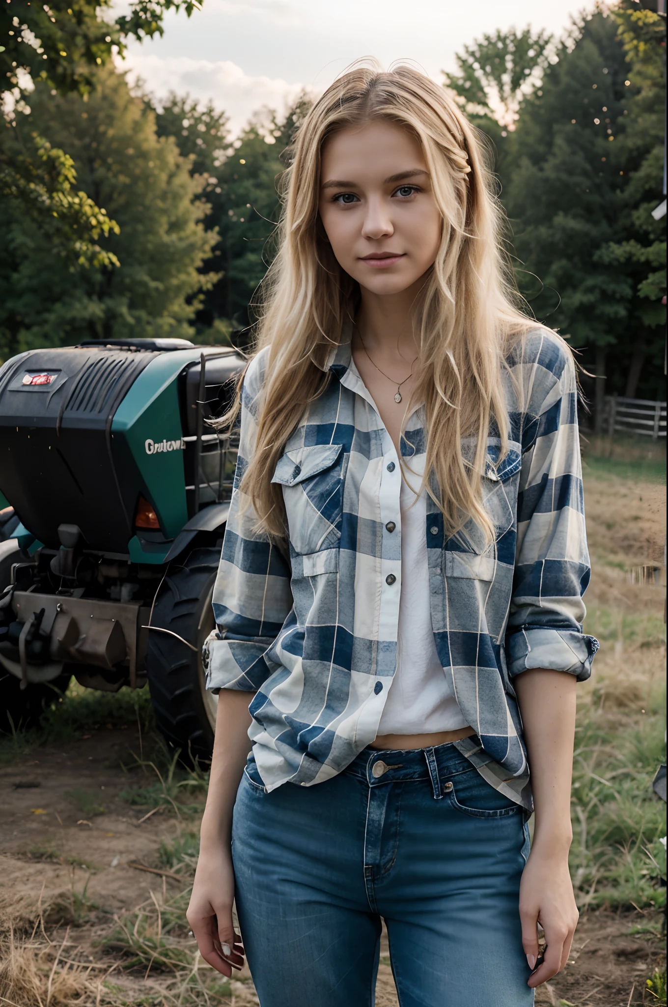 A beautiful young 20-year-old blonde woman with layered straight blond hair wears a plaid flannel shirt with rolled-up sleeves and jeans, sie sitzt auf einem Traktor im Hintergrund befindet sich eine Farm, es ist herrlicher Sonnenuntergang
