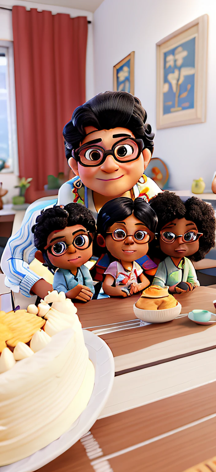 Imagem estilo pixar, A 70-year-old woman wearing glasses, Short Straight Black Hair Holding With Arm Propped Up On Table 3 Black Dolls With Afro Hair, mesa com bolo branco de cobertura amarela em cima de uma bandeja