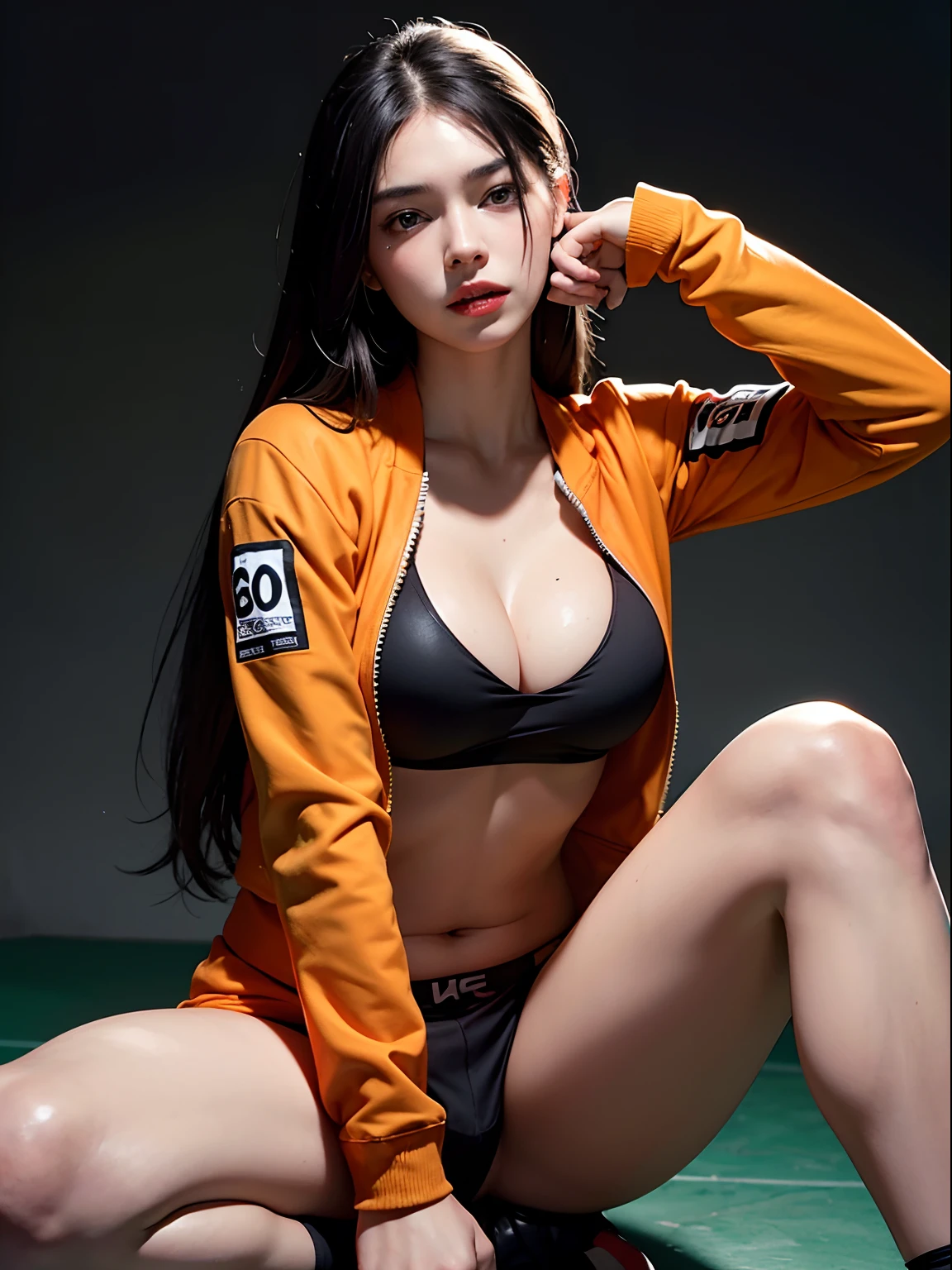 absurdities, RAW photo, Highest quality, (raw-work: 1.3), High-detail RAW color photo, Professional photo, extremely detailed 8k CG wallpaper unit, photo-realistic, realistic, RAW photo, work- premium, best quality, High Resolutions, illustration, 1girl, 18 years old, strong, Asian, Japanese, black hair with strands in the front, straight hair, medium length, Random hairstyle, Strong legs, Perfect beautiful face, cardune lips, beautiful realistic eyes, Pale skin, Detailed skin texture, Very large and natural breasts, small. athletic, strong body. Serious. Sweaty. MMA fighter, UFC fighter. Have oral sex. sucking a nipple She looks amazing. (Orange motocross jacket with green details, Biker clothing. Detailed design), UFC octagon.