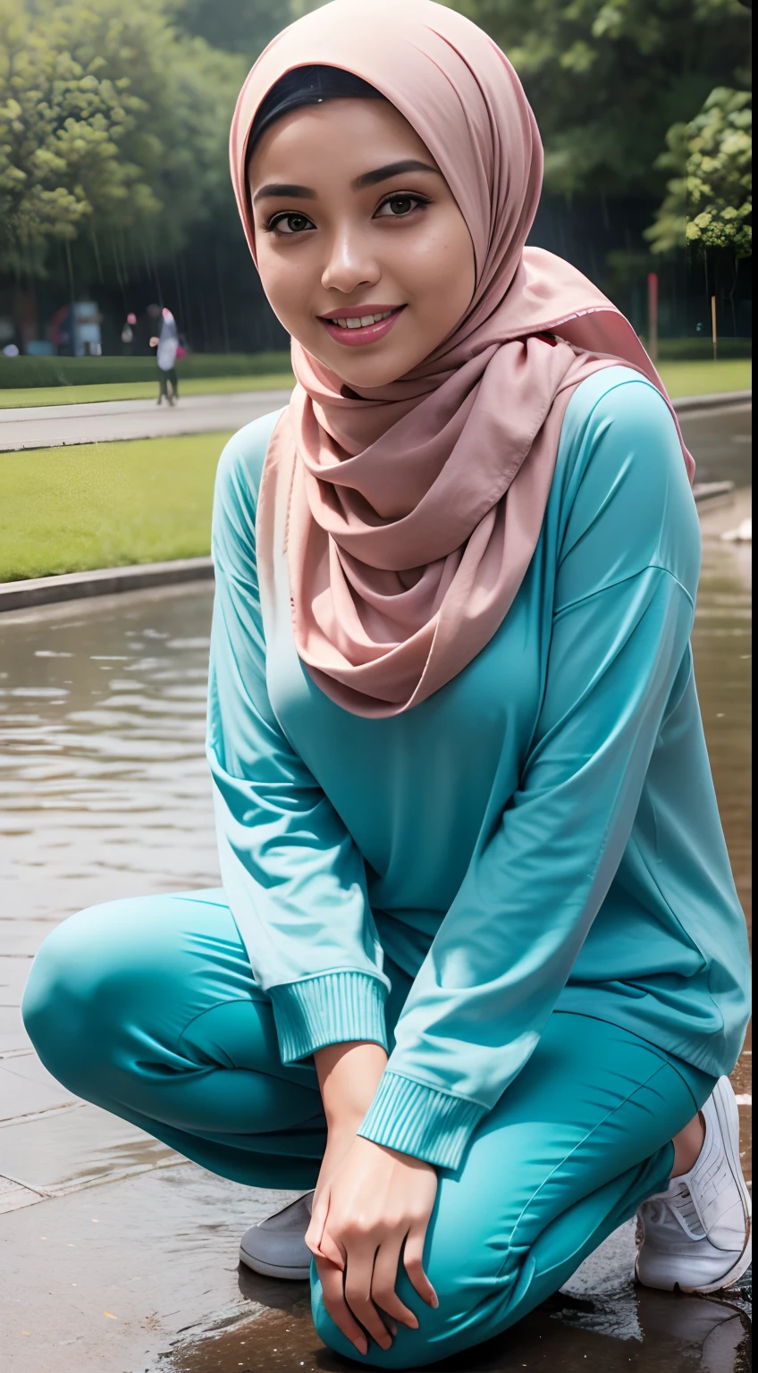 RAW, Best quality, high resolution, masterpiece: 1.3), beautiful Malay woman in hijab (iu:0.8),Best quality, high resolution, Masterpiece: 1.3, Beautiful hijabi malay girl, Masterpiece, Soft smile,Beautiful Malay women wear pastel color hijab kneeling in heavy rain , ((in street park)), bright sunshine, hiking clothes, pullover, long pants, highres,4k,HDR,1girl, photorealistic, realistic,sweat skin, wet clothes, wet body, big breast, ((full body))soaked, dripping, smiling at viewer, closeup