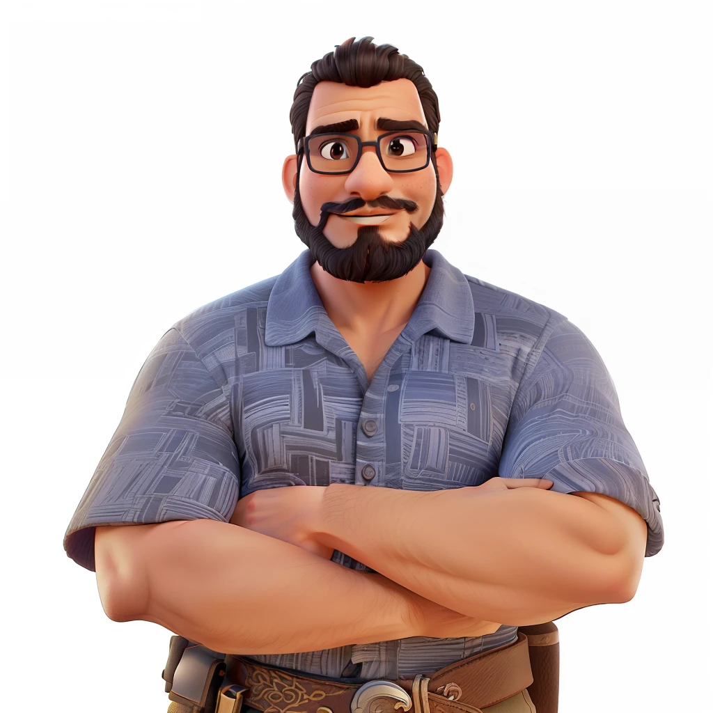 (best quality,4k,8k,Altas,master part:1.2),ultra-detalhado,Realistic:1.37,um jovem adulto com uma pele bronzeada, cabelo preto curto, barba preta e bigode, nariz redondo, Blue Square Prescription Glasses, face oval, In the background a beach with a Portuguese architectural fortress, warm lighting.