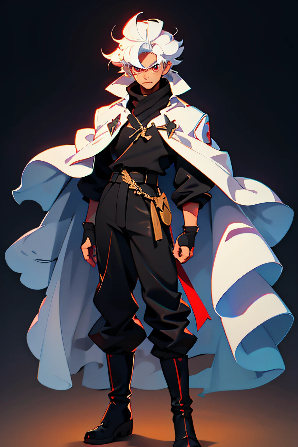 1 boy, short white hair, red eyes, white skin, white hat, long black cloak, black leather pants, black leather boots, black leather fingerless gloves, anime
