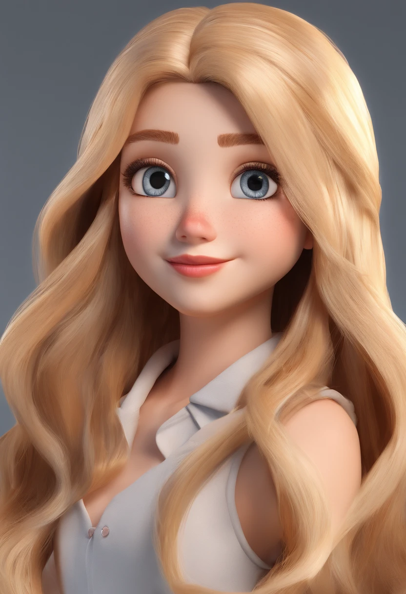 The character must be a girl, with brown eyes, long, straight, light blonde hair, a pretty, rounded face, with a few freckles on her cheeks and nose, and very fair skin.