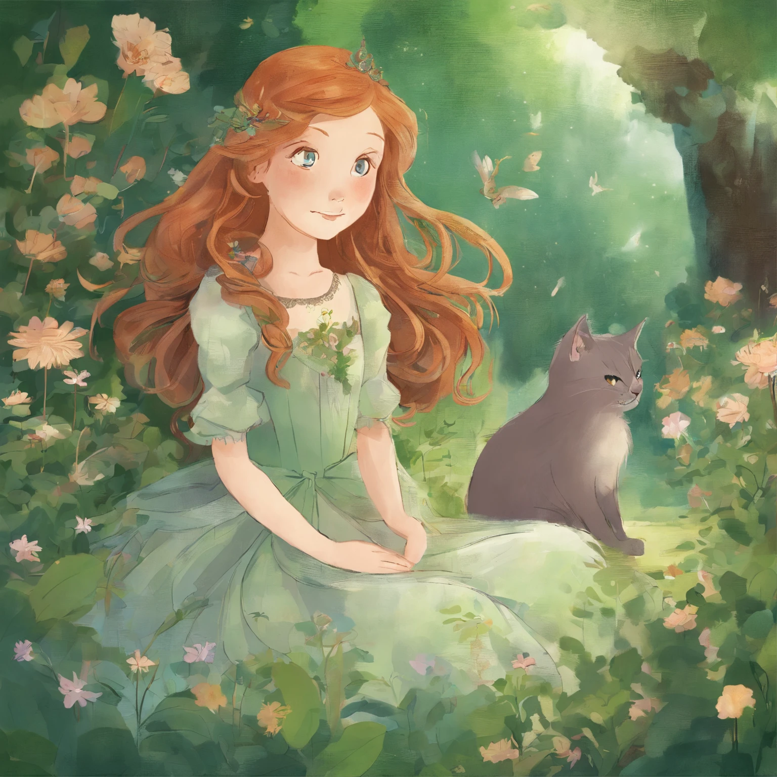 Upshot A park full of greenery Chestnut-haired girl smiling at a grey cat Fantastic and happy feeling a lot of flower The overall design is classical and the color is strong green Picture book illustrations
