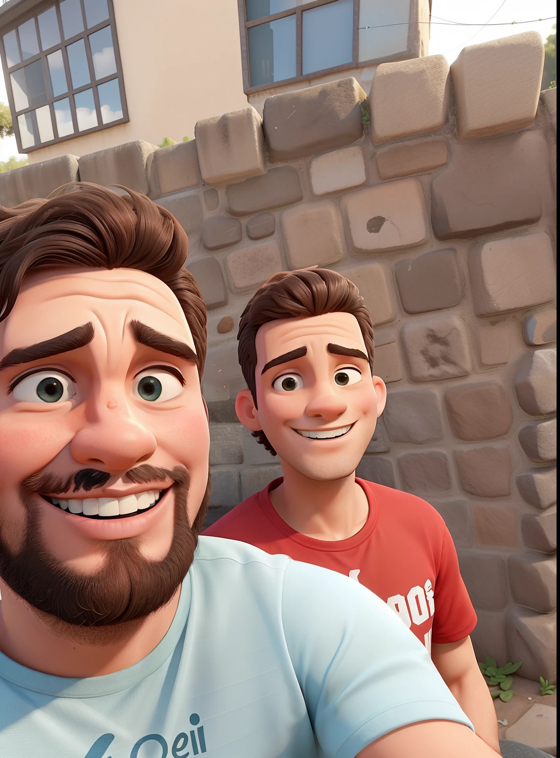 There are two men sitting next to each other in front of a stone wall, em Chuquicamata, em uma cidade antiga, Kajo Baldisimo e Craig Mullins, Location ( favela _ PAREDE ), Assumido em Go Pro Hero8, foto selfie, Alejandro, in front of the house, both smiling for the camera, imagem do avatar, Torne-se profissional