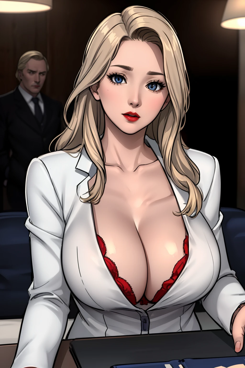 masterpiece, ,(solo:1.1), perfect face, (bright lighting:1.2),beautiful detailed eyes, extremely detailed face, perfect lighting,masterpiece, best quality, ((mature female)), ((large breasts)), 30yo female, 1girl, , hetero, 1boy, solo focus, pov, red lips, blazers, blonde hair, full body