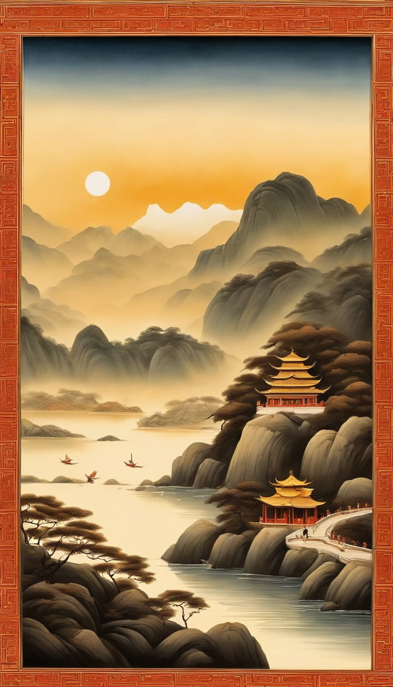 An idyllic Chinese mural, Laranja claro e estilo ciano claro, Paisagem em camadas, Arte no estilo da pintura a tinta chinesa antiga, murais monumentais, Ricoh FF-9D, Golden Age Aesthetics, exotic landscape