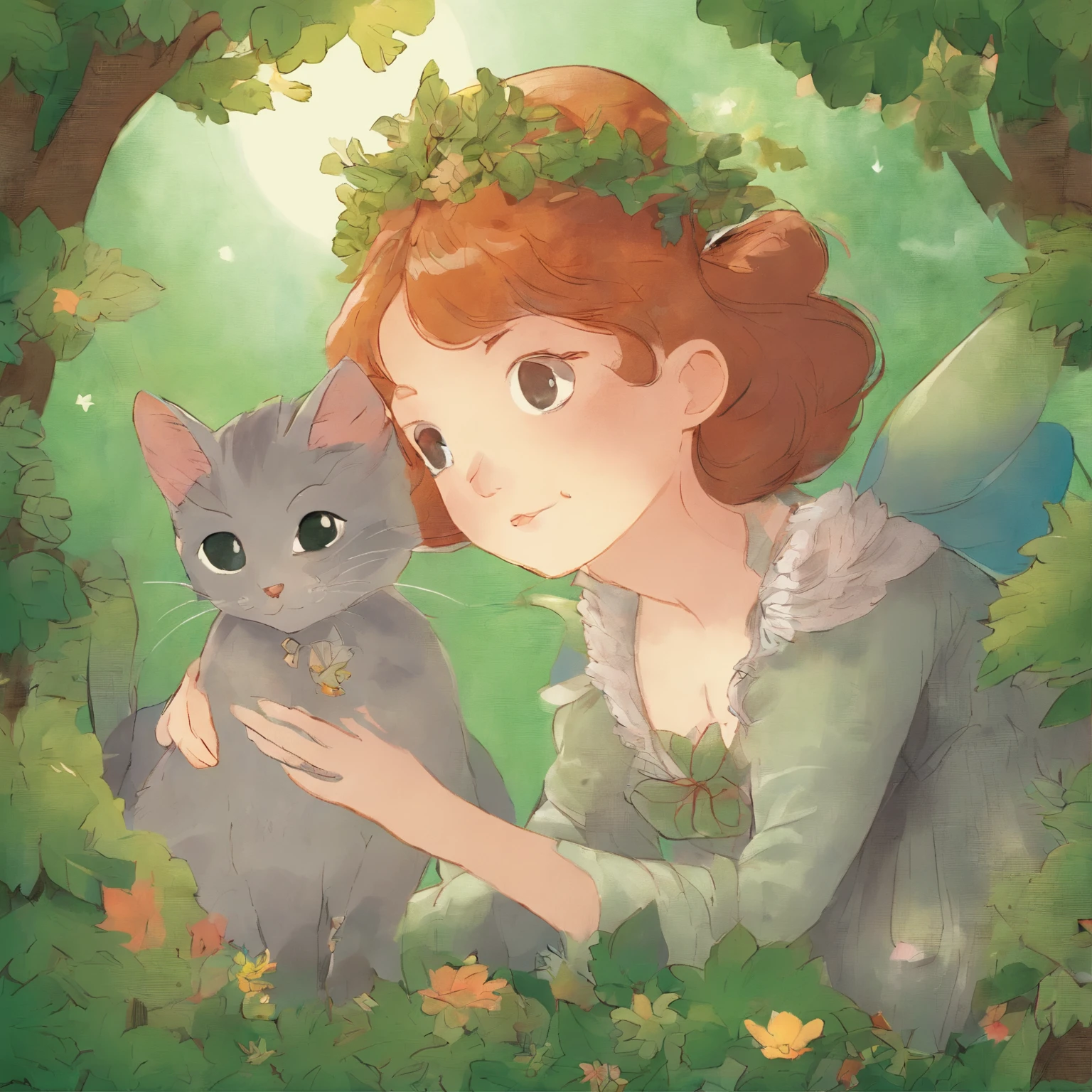 Upshot A park full of greenery Chestnut-haired girl and gray cat with forehead and forehead combined Fantastic and happy feeling The overall design is classical and the color is strong green Picture book illustrations
