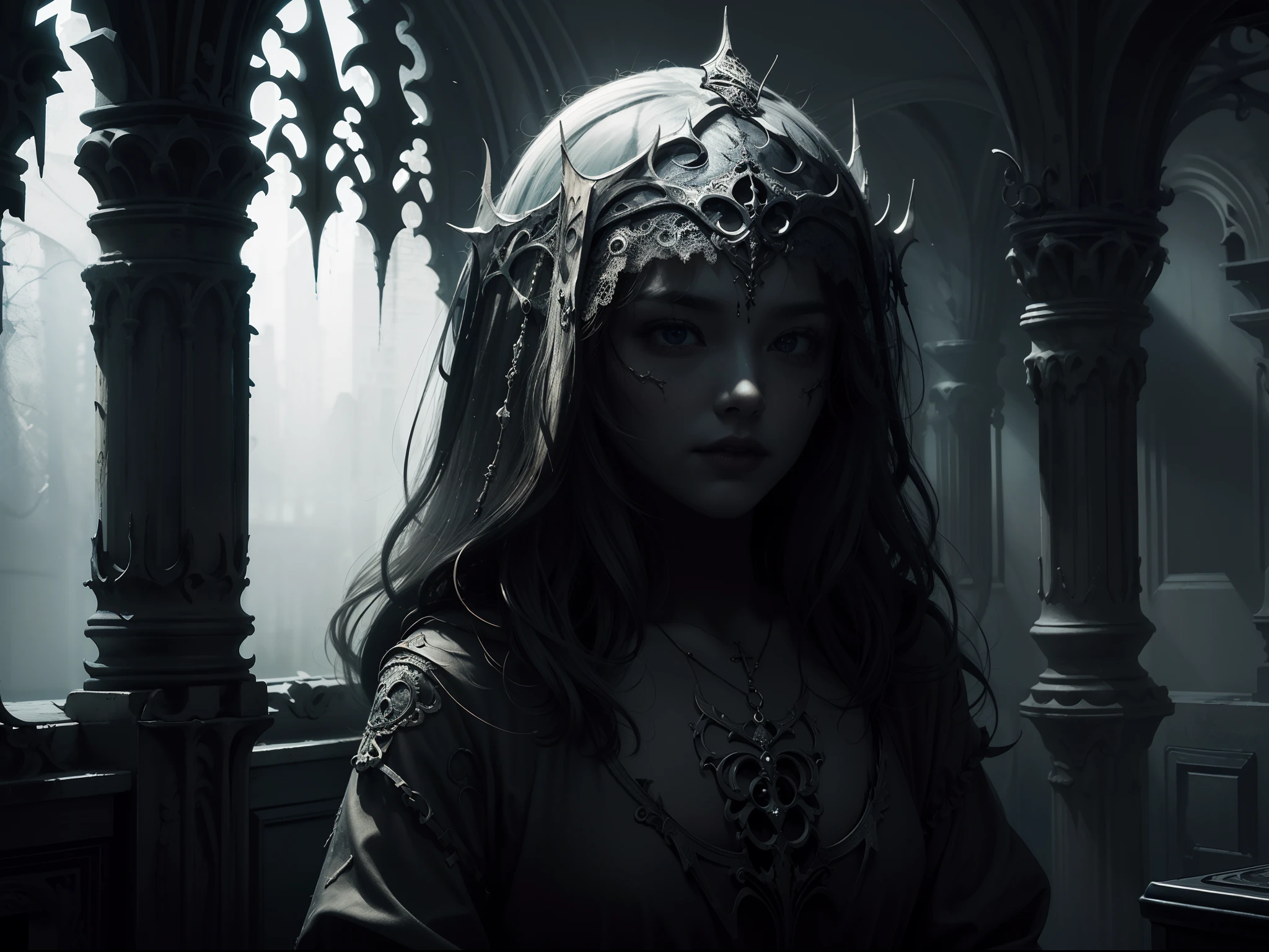 (masterpiece,best quality,realistic:1.37), (intricate and delicate, high detailed skin and face), beautiful queen in black dress suite, wraping in luxurious dark hooded robes, dark roses and skull adorn her cloth, (tiara,roses,skull ornamental,black,dark),blue eyes, snowy forest in the background, cinematic soft lighting, 8k wallpaper, unity, artstation, hi-res CG