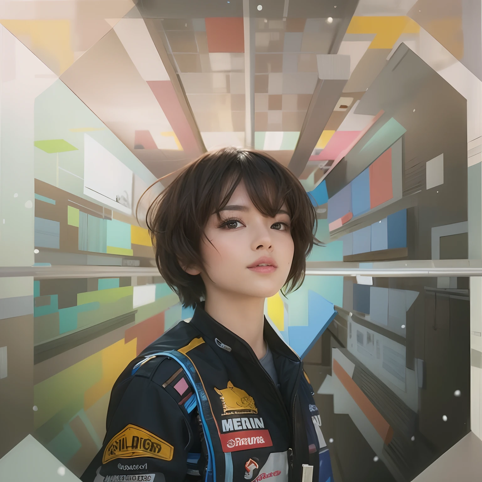 (Best quality, 8k, 32k, Masterpiece, UHD:1.2), Photo of Pretty Japanese woman, medium size breasts, bob hairstyle, sexy girl, leather coat