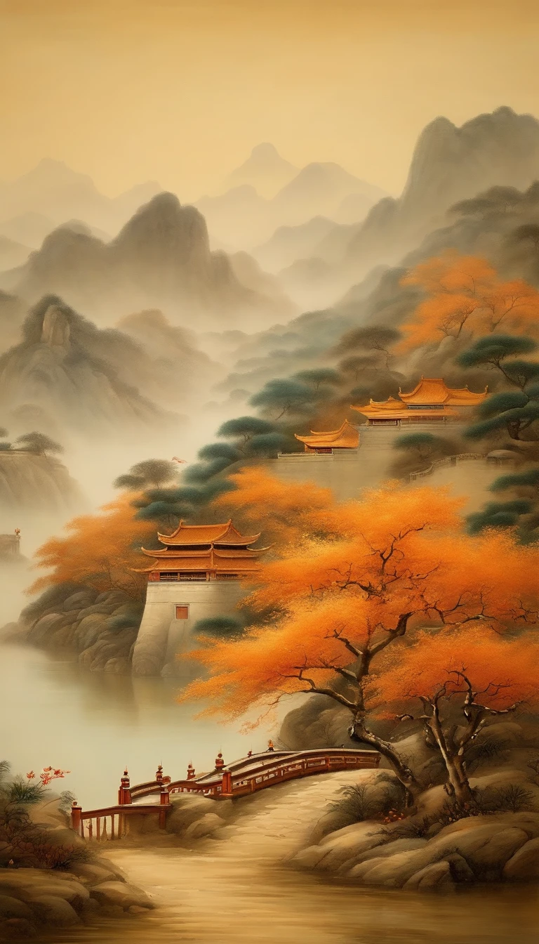 An idyllic Chinese mural, Laranja claro e estilo ciano claro, Paisagem em camadas, Arte no estilo da pintura a tinta chinesa antiga, murais monumentais, Ricoh FF-9D, Golden Age Aesthetics, exotic landscape