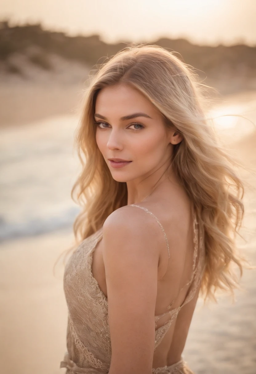 foto realista de una chica rubia con cuerpo perfecto vistiendo ropa ligera en la playa