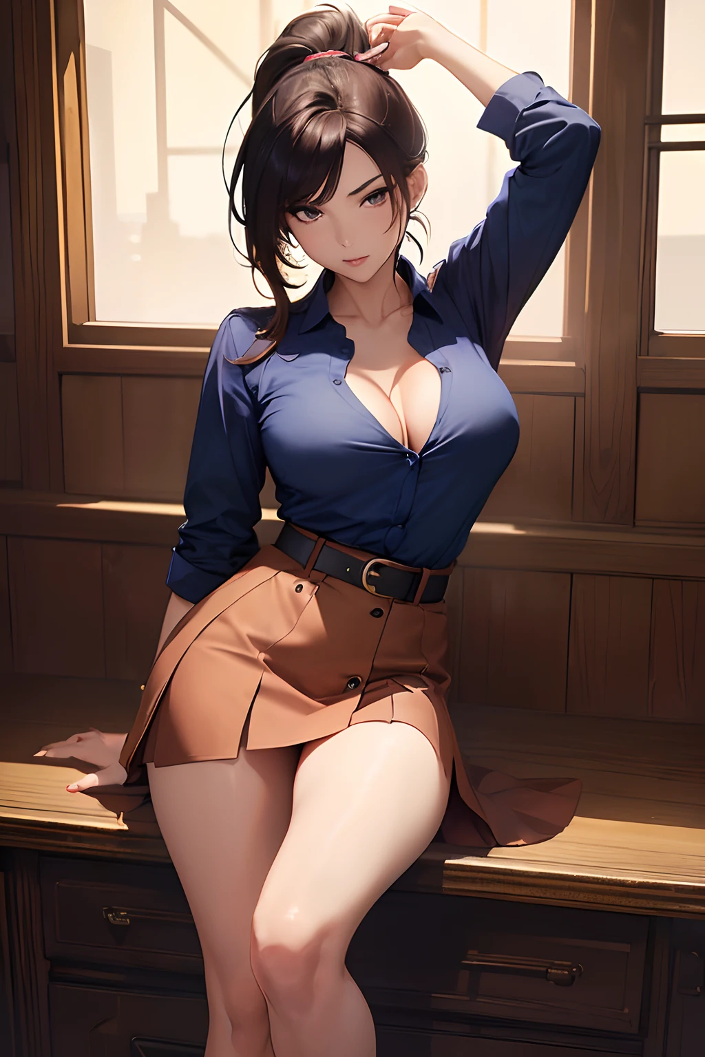 (masterpiece, best quality, ultra-HD, wallpaper, cinematic, photorealistic), (medium shot), ((alluring woman, posing seductively)), (perfect anatomy, voluptuous body, very glossy skin, reddish skin), (medium cleavage, long round legs), (perfect hands, perfect feet), ((light pink button-up shirt, navy blue mini skirt)), ((her hair is a sleek low ponytail with a deep side part)), ((A cognac brown statement belt and classic black pumps))
