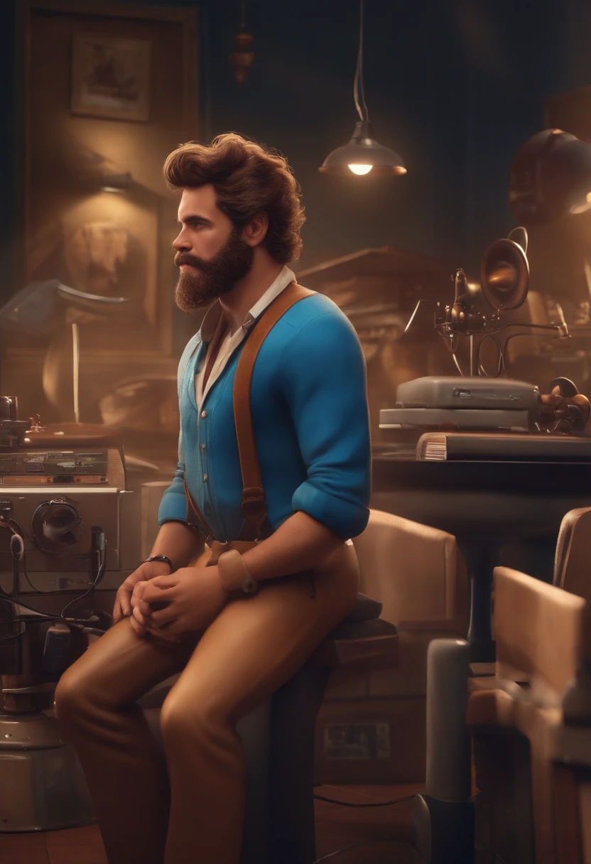 um homem, em breve, barba curta, olhos castanhos, com fones de ouvido, A music studio in the background, Imagem no estilo Pixar, Estilo de filme animado 3D, Disney, camiseta preta