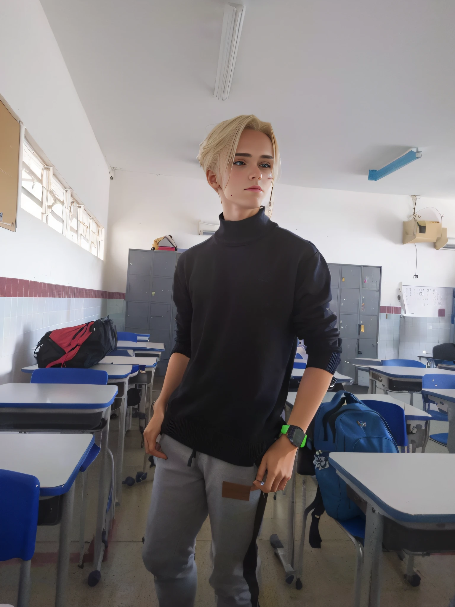 There's a man standing in a classroom with a backpack, standing in class, em uma sala de aula, em uma sala de aula da escola, wearing a black sweater, corpo inteiro!, androgynous person, Similares a Malfoy, inspired by Matteo Pérez, usando gola alta, sentado na sala de aula, Jovem espanhol, stood in a lab, middle school