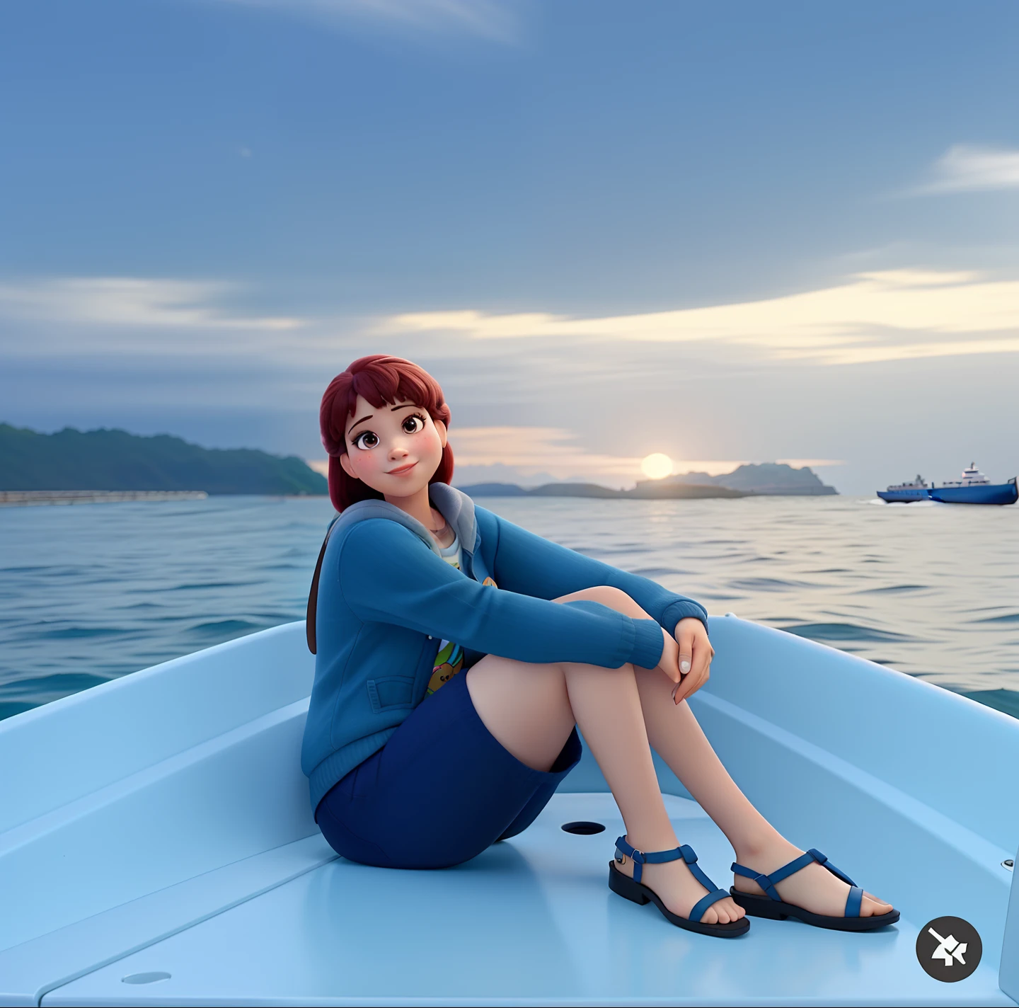 Mulher sentada na beira do barco, estilo Pixar