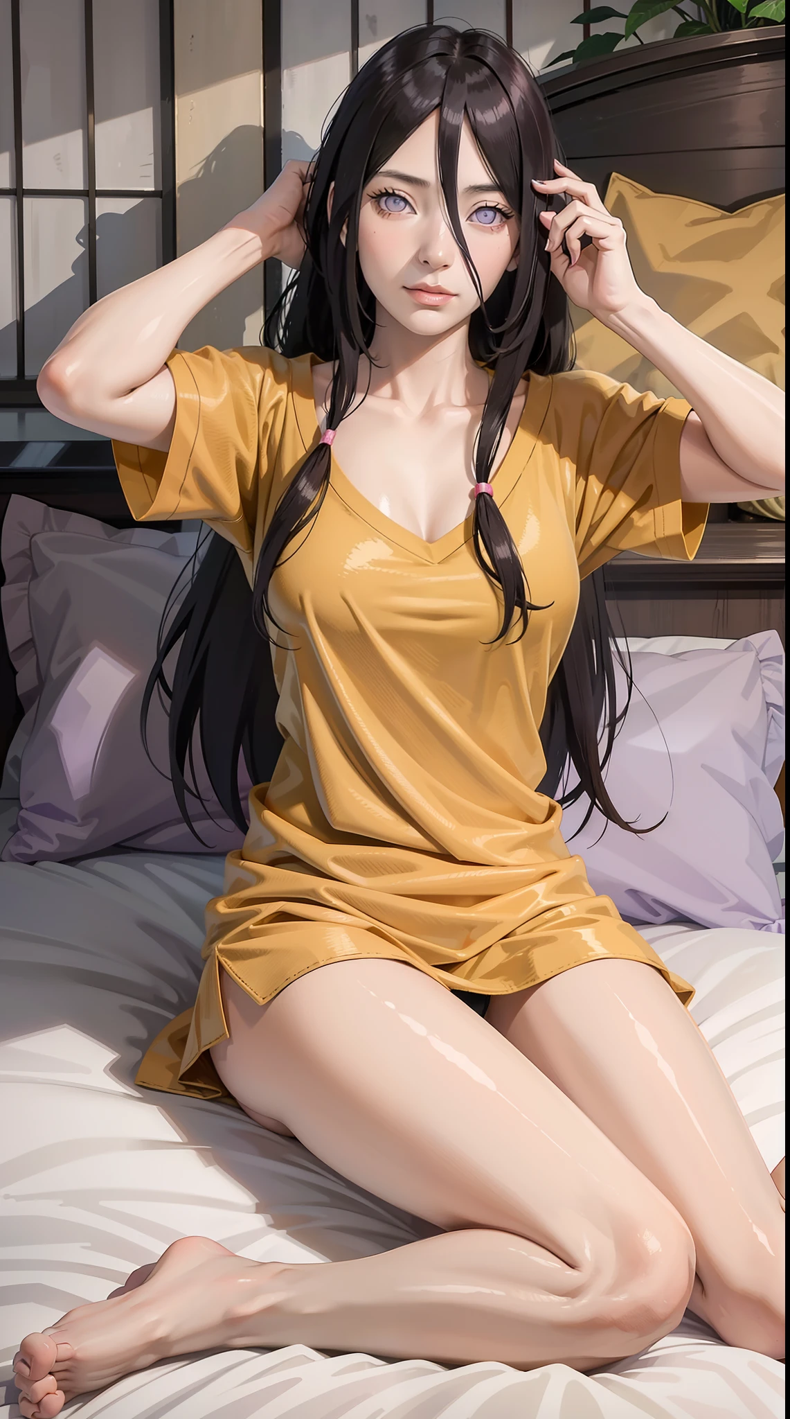 hyuuga hanabi, long hair tied low, hair band, hana, purple eyes, beautiful, beautiful woman, perfect body, perfect breasts, wearing a big 
colourful t-shirt, red panties, in bed, bedroom, bed, sitting on the bed sleeping, looking at the viewer, slightly smiling, realism, masterpiece, textured skin, super detail, high detail, high quality, best quality, 1080p, 16k