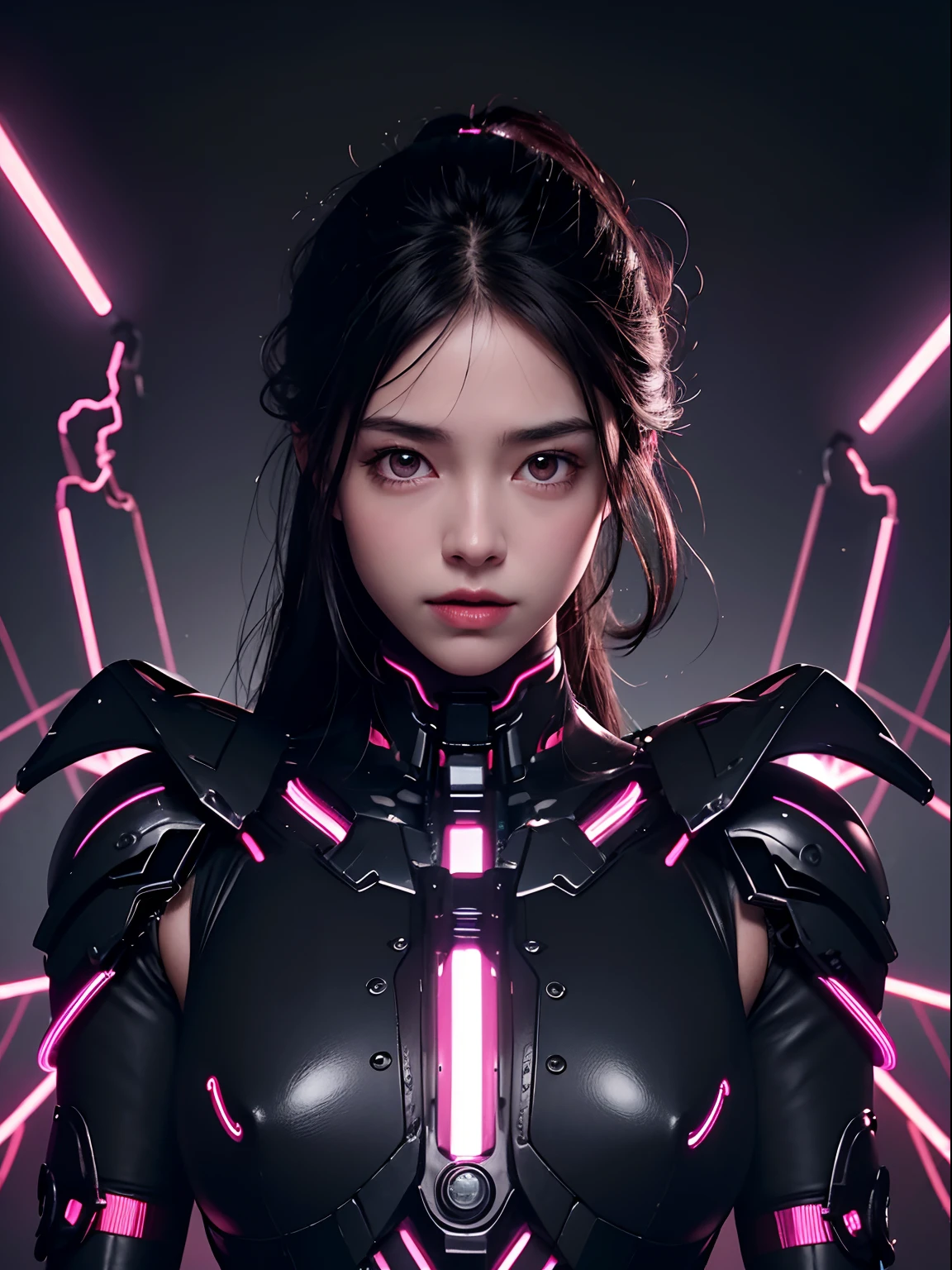 Premium quality, masterpiece, ultra high resolution, (photorealistic: 1.4), raw photo, 1 girl, black hair, shiny skin, 1 mechanical girl, (ultra realistic detail)), portrait, global illumination, shadows, octane rendering , 8K, ultra sharp, large, rawhide exposed neckline, metal, intricate embellishment details, Japan details, very intricate details, realistic light, CGSoation trend, purple eyes, glowing eyes, facing the camera, neon details, limbs mechanical, blood vessels connected to the tube, mechanical vertebrae attached to the back, mechanical cervical fixation to the neck, sitting, wires and cables connecting to the head, gundam, small LED lamps,