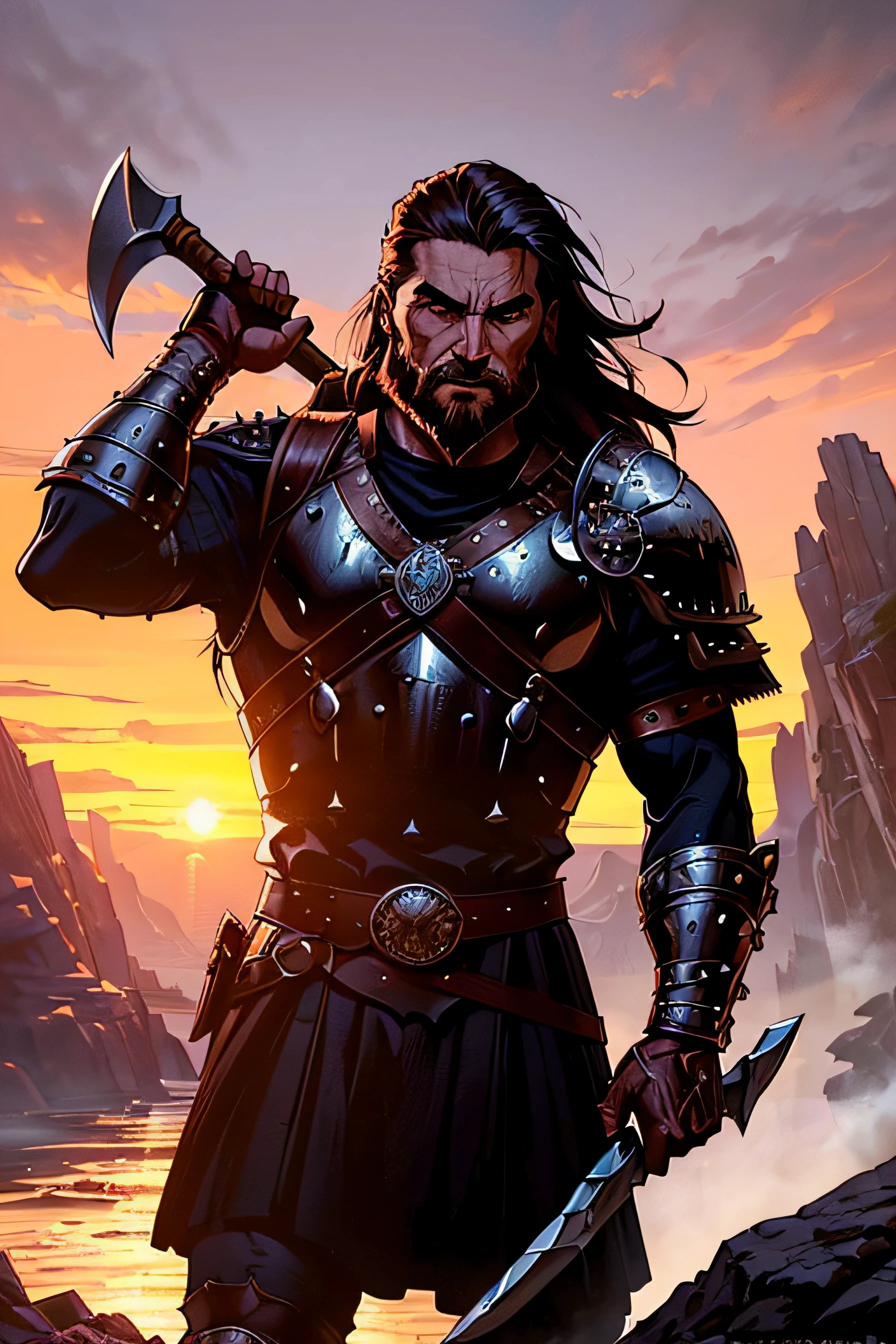(a Viking,axe in hand,rocks,contrasty lighting,sunset light,a man),(oil painting,high quality,ultra-detailed,artistic style),(dramatic,historical,adventurous,mythical),(sharp focus,vibrant colors,realistic),(Gothic architecture,battle scene,cliffside),(long hair,fierce expression,shield,leather armor)