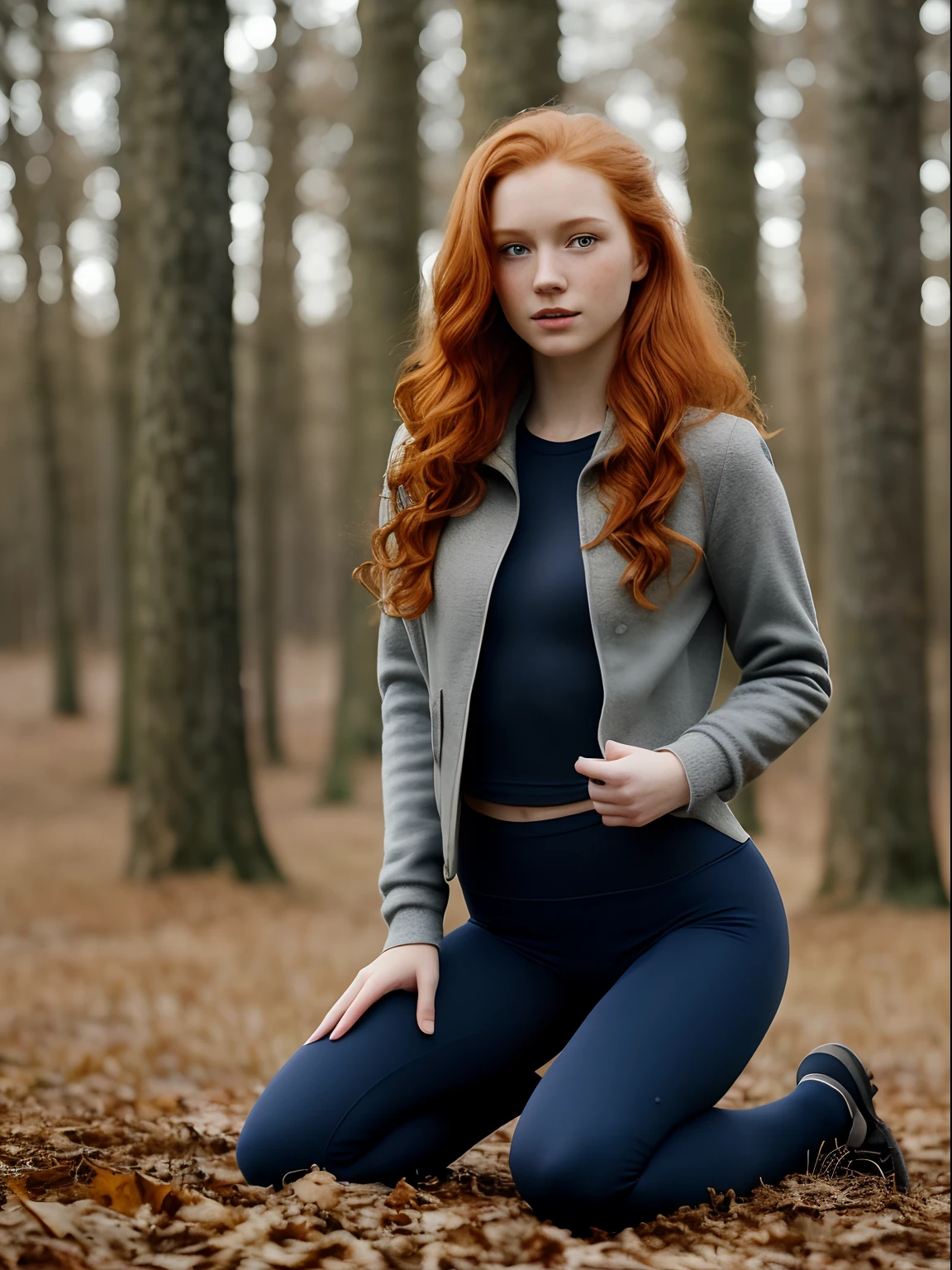 (1girl in, age19, Solo, Aesthetic artwork, irish redhead, wavy ginger hair, shoulder length ginger hair, light grey eyes, some small freckles, smile, pale skin, A-cup, small breasts, runners body, (textured skin, skin pores:1.1), (moles:0.8), imperfect skin, goosebumps, wearing dark gray jacket, wearing navy blue leggings, empty trees, early winter, no snow, blury background, (action shot, kneeling, 1.25), (extremely detailed 8k wallpaper), (hard lighting), high quality, film grain, Fujifilm XT3 sharp focus, f 5.6, 50mm, High Detail, Sharp focus, (natural light), crazy details, complex details, hyperdetailed