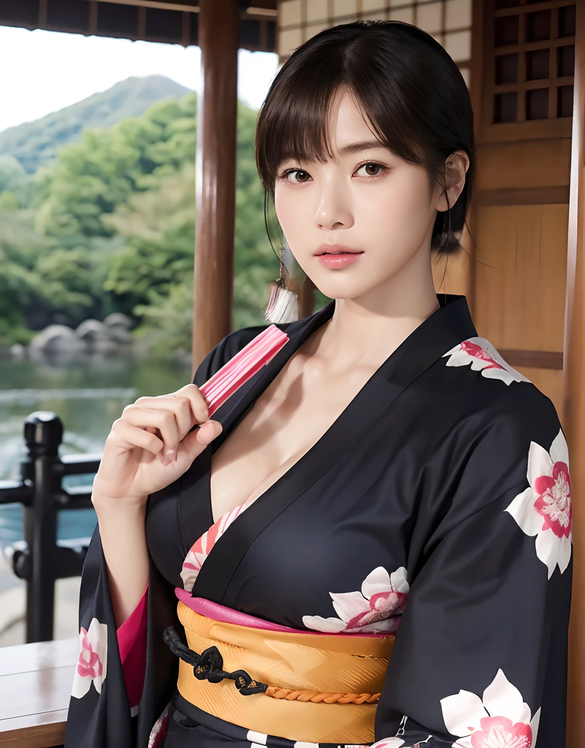 (top-quality、8K、32K、masterpiece、超A high resolution、nffsw:1.3)、(Japan idol:1.3)、1girl in、(Colossal tits:1.25)、(short-hair)、abdominals、the perfect body、((Takan Ninja)), Delicate facial features, Ultra-realistic, Hyper-realistic, 鎖骨、Shadow、octan render、((Wear a beautiful kimono with a high degree of exposure)),hyperdetailed face、Detailed lips、finely eye、二重まぶた、(魅惑的)、((agitation:1.5))、maikurobikini、((Navel))、Armpit、((Female ninja)),Kunoichi Ninja、Throw shurikens、Japan holding a sword、Mystical expression、shrine background、Old Town of Japan、((heavy breasts)),Toostock、mecosuji、Kimono with colorful floral pattern、highcontrast、(((Colorful kimono))),