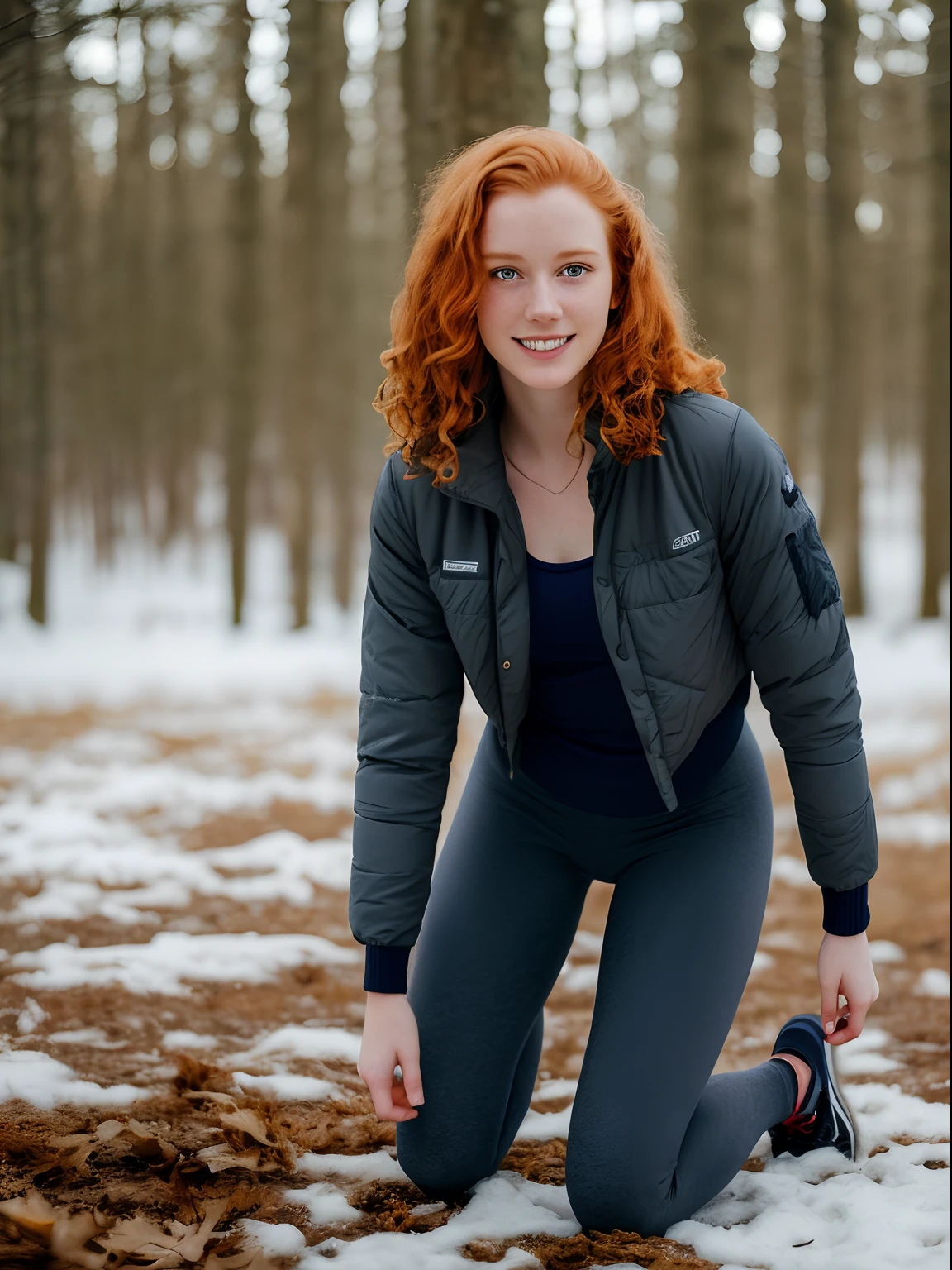(1girl in, age19, Solo, Aesthetic artwork, irish redhead, wavy ginger hair, shoulder length ginger hair, light grey eyes, some small freckles, smile, pale skin, A-cup, small breasts, runners body, (textured skin, skin pores:1.1), (moles:0.8), imperfect skin, goosebumps, wearing dark gray jacket, wearing navy blue leggings, empty trees, early winter, no snow, blury background, (action shot, kneeling, 1.25), (extremely detailed 8k wallpaper), (hard lighting), high quality, film grain, Fujifilm XT3 sharp focus, f 5.6, 50mm, High Detail, Sharp focus, (natural light), crazy details, complex details, hyperdetailed
