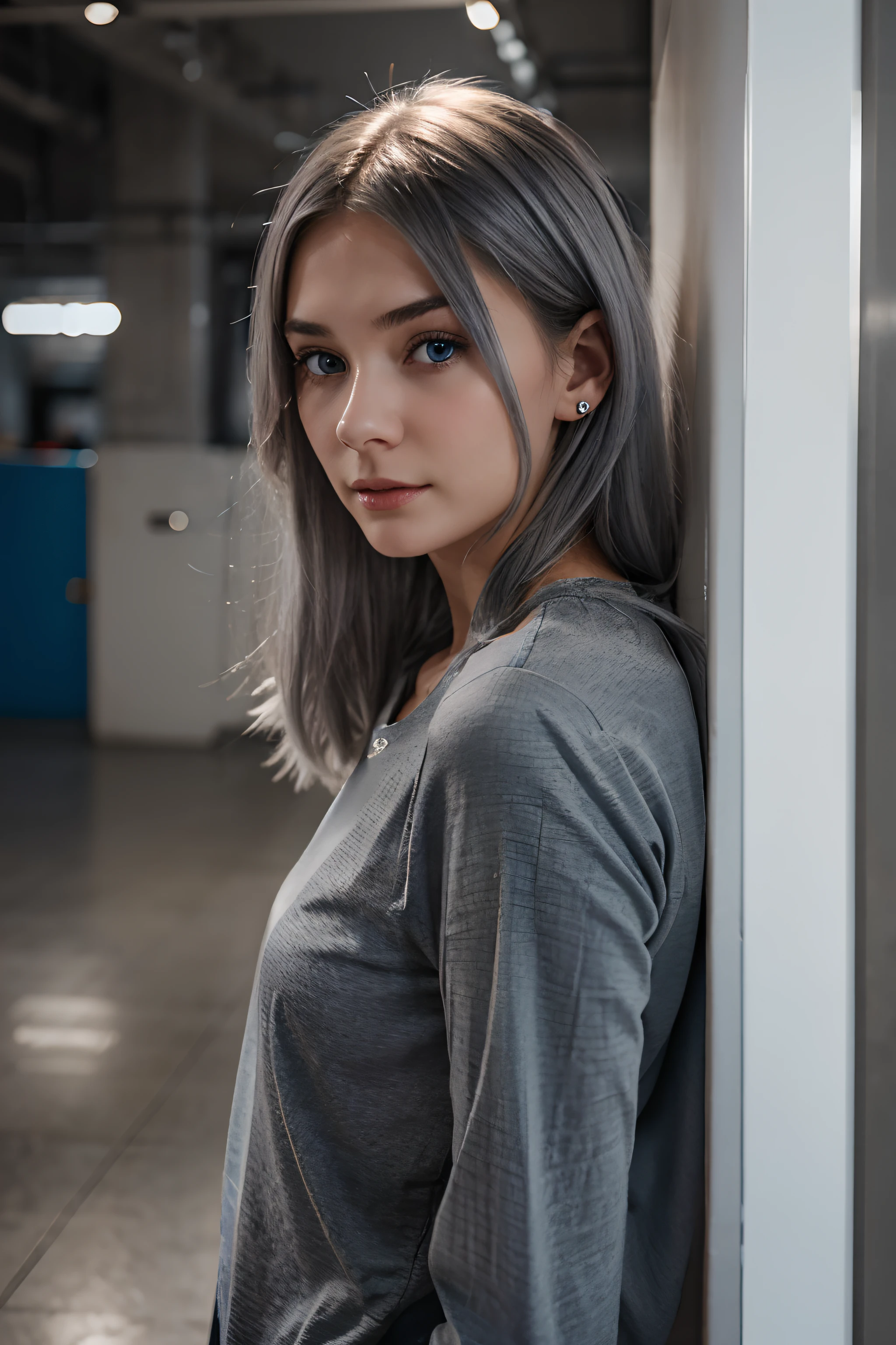 young woman with grey hair and dark blue eyes, small nose, standing in front of a basic background