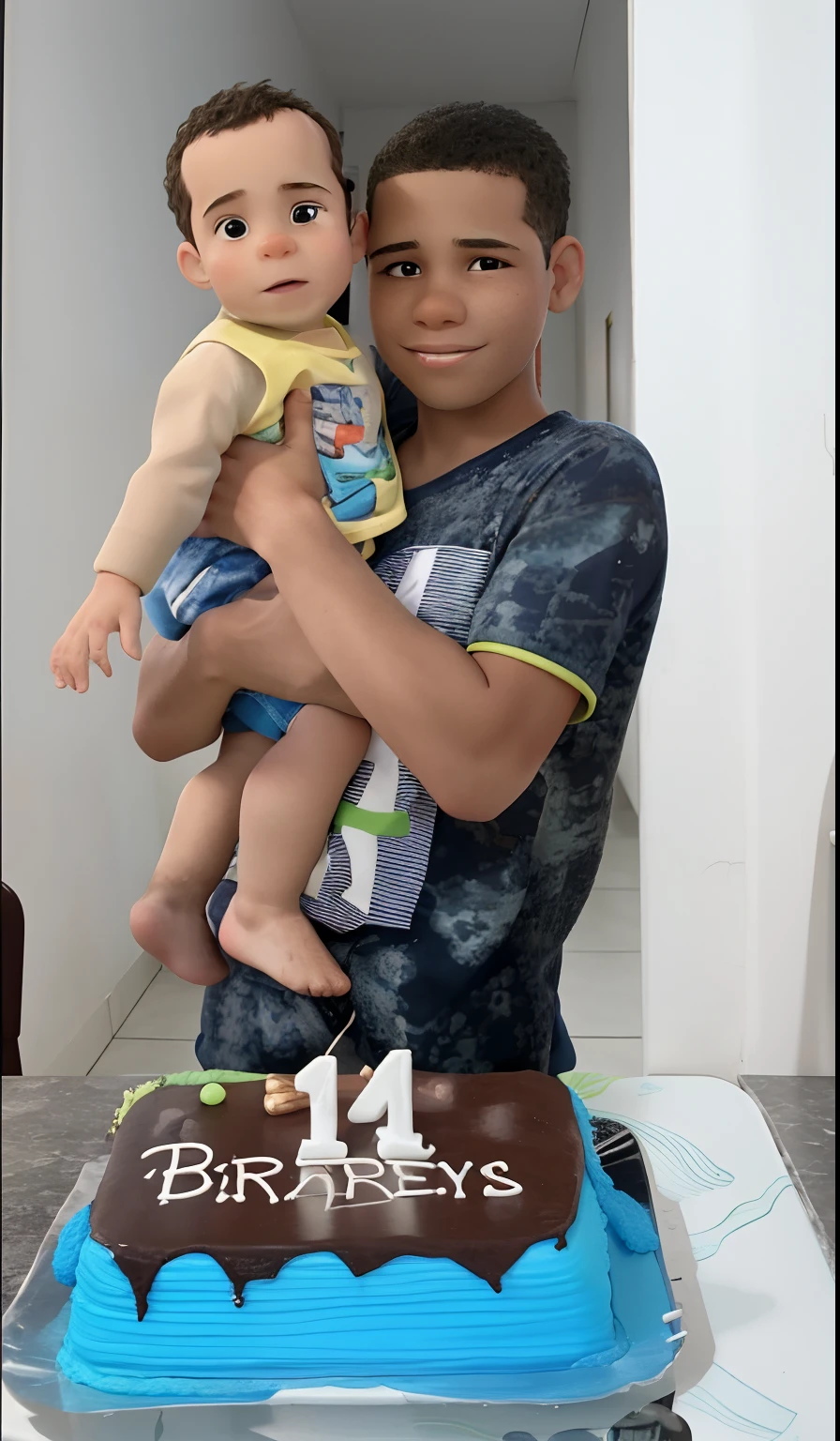 There is a boy holding a baby in his arms, 3 5 year brazilian mother, with a kid, 1 6 anos, holding a birthday cake, 21 anos, 1 9 anos, 18 anos, caio santos, imagem de qualidade muito baixa, ele tem 3 5 anos, ele tem cerca de 2 0 anos de idade